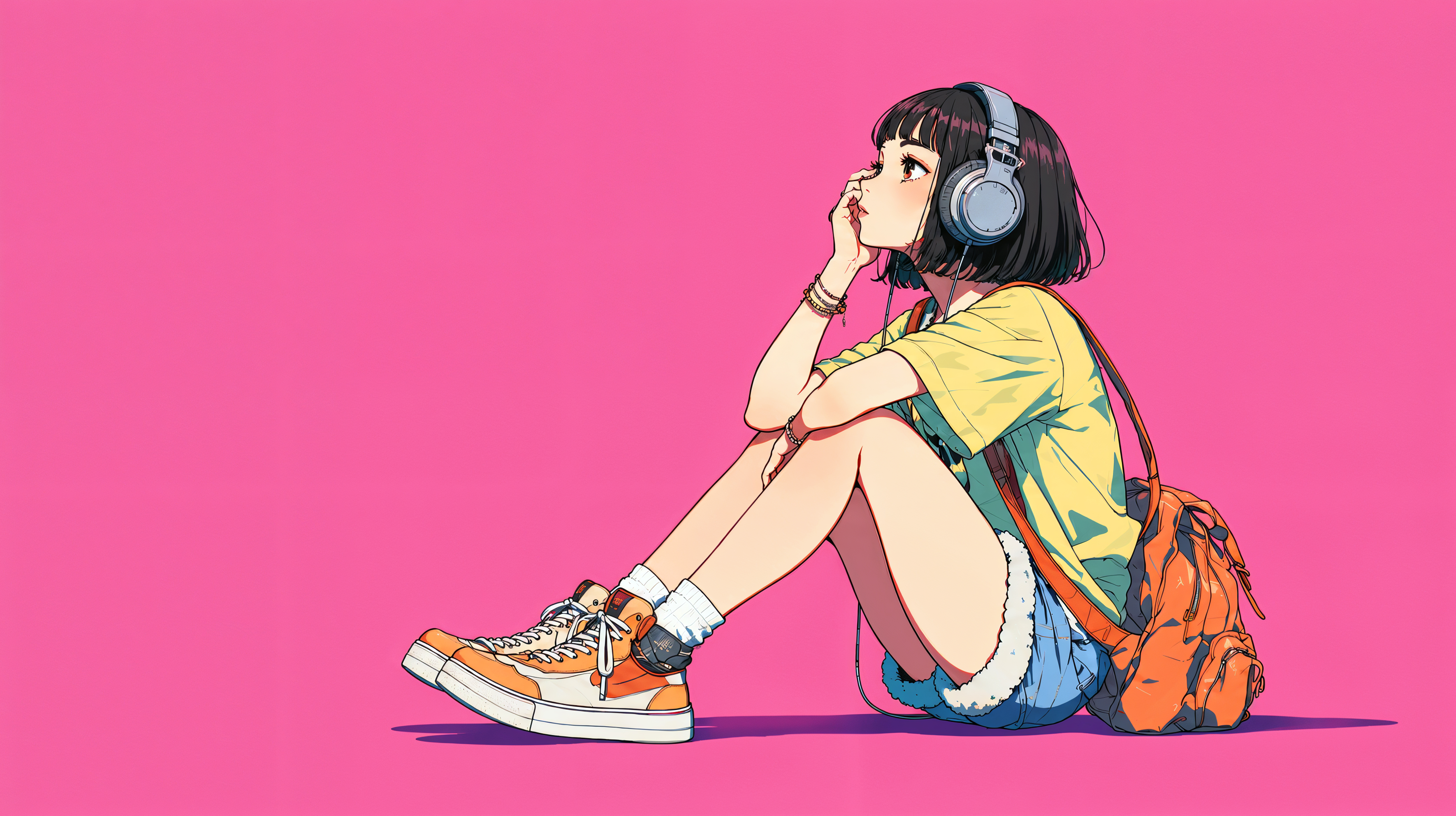 地面に座りヘッドホンで音楽を聴く女性の全身イラスト no.3