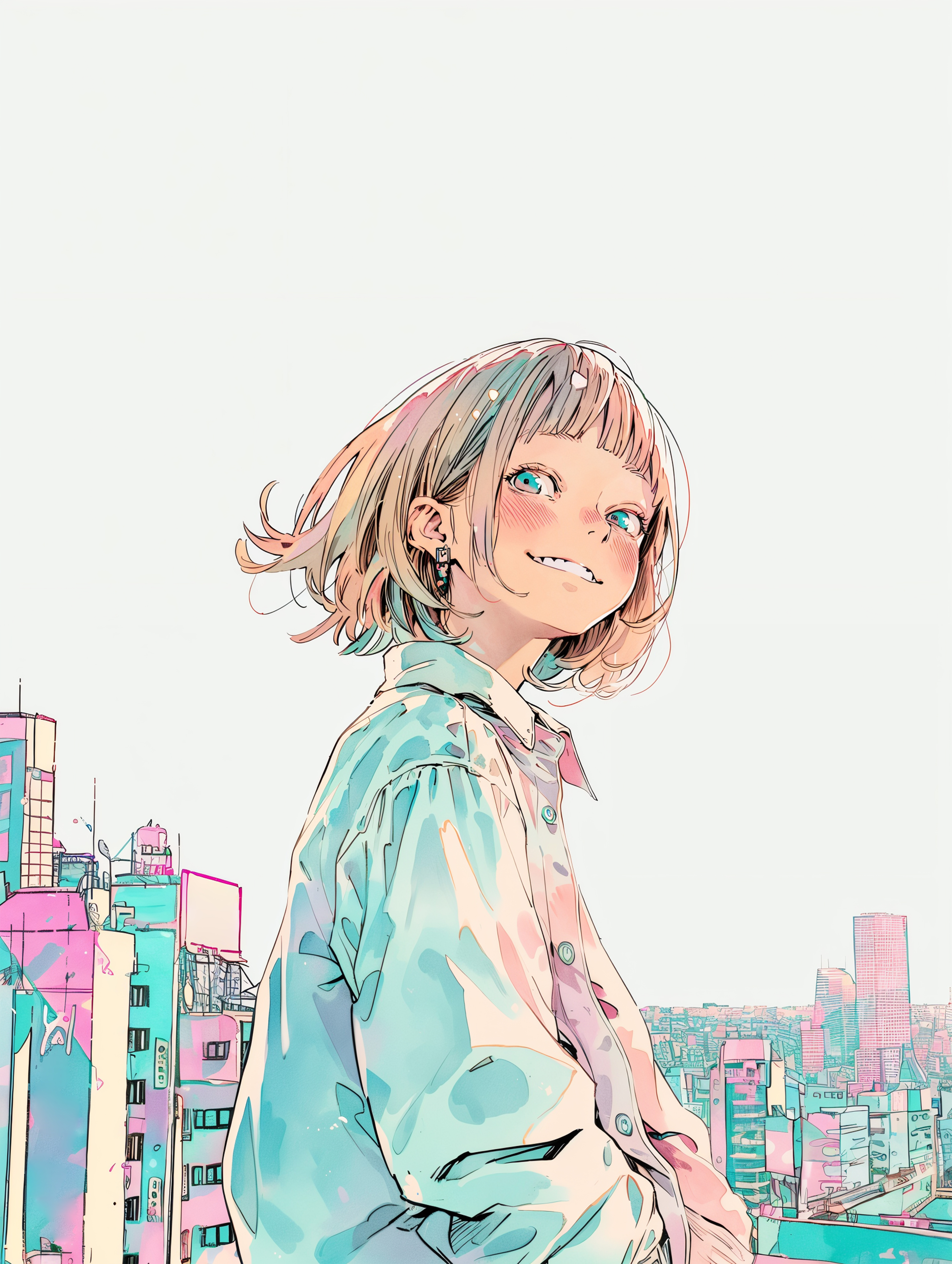 都会の街中でカメラ目線で笑う若い女の子のイラスト no.3