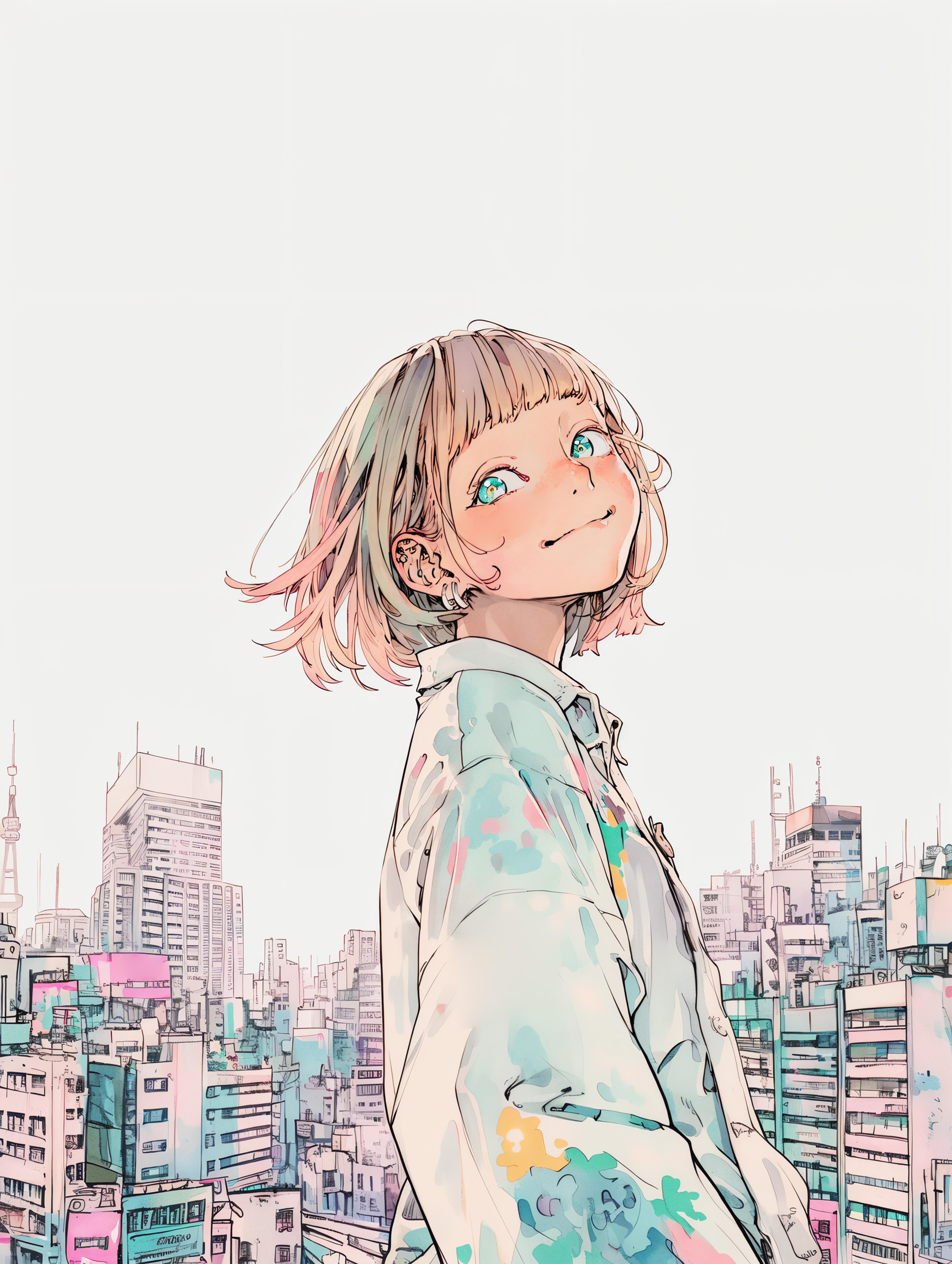 都会の街中でカメラ目線で笑う若い女の子のイラスト no.5