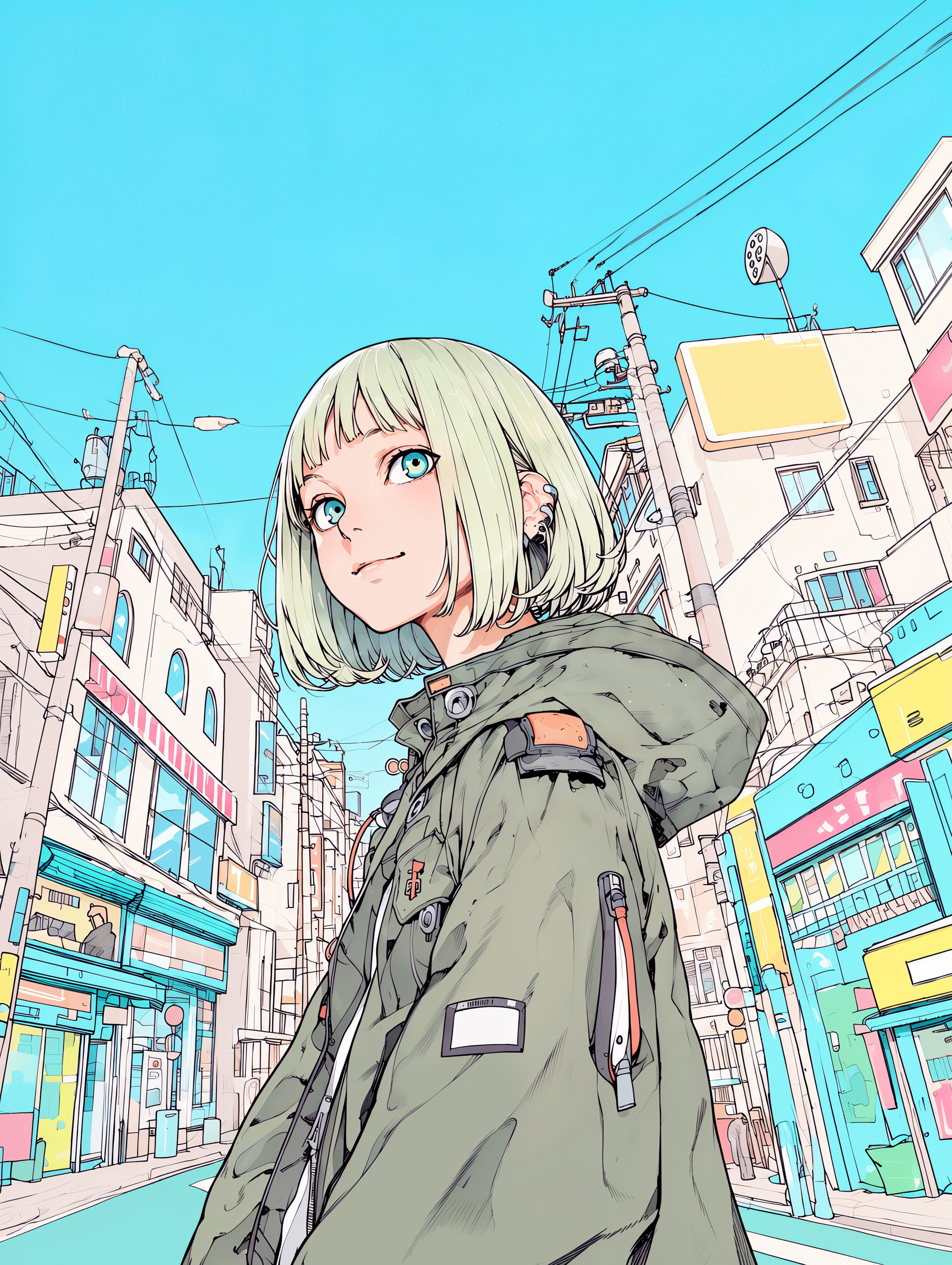 街中で元気に笑う若い可愛い女の子のイラスト no.2