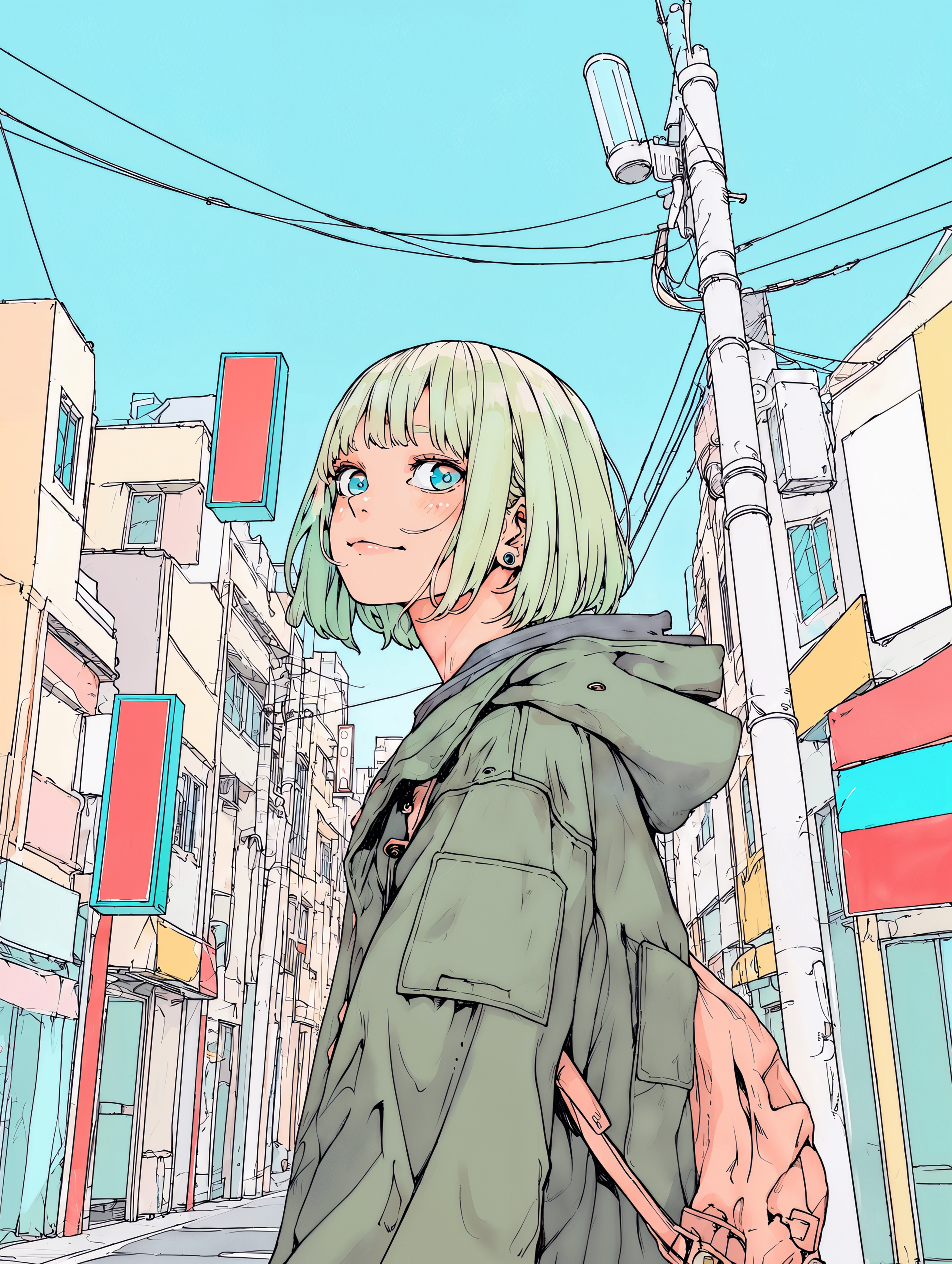 街中で元気に笑う若い可愛い女の子のイラスト no.4