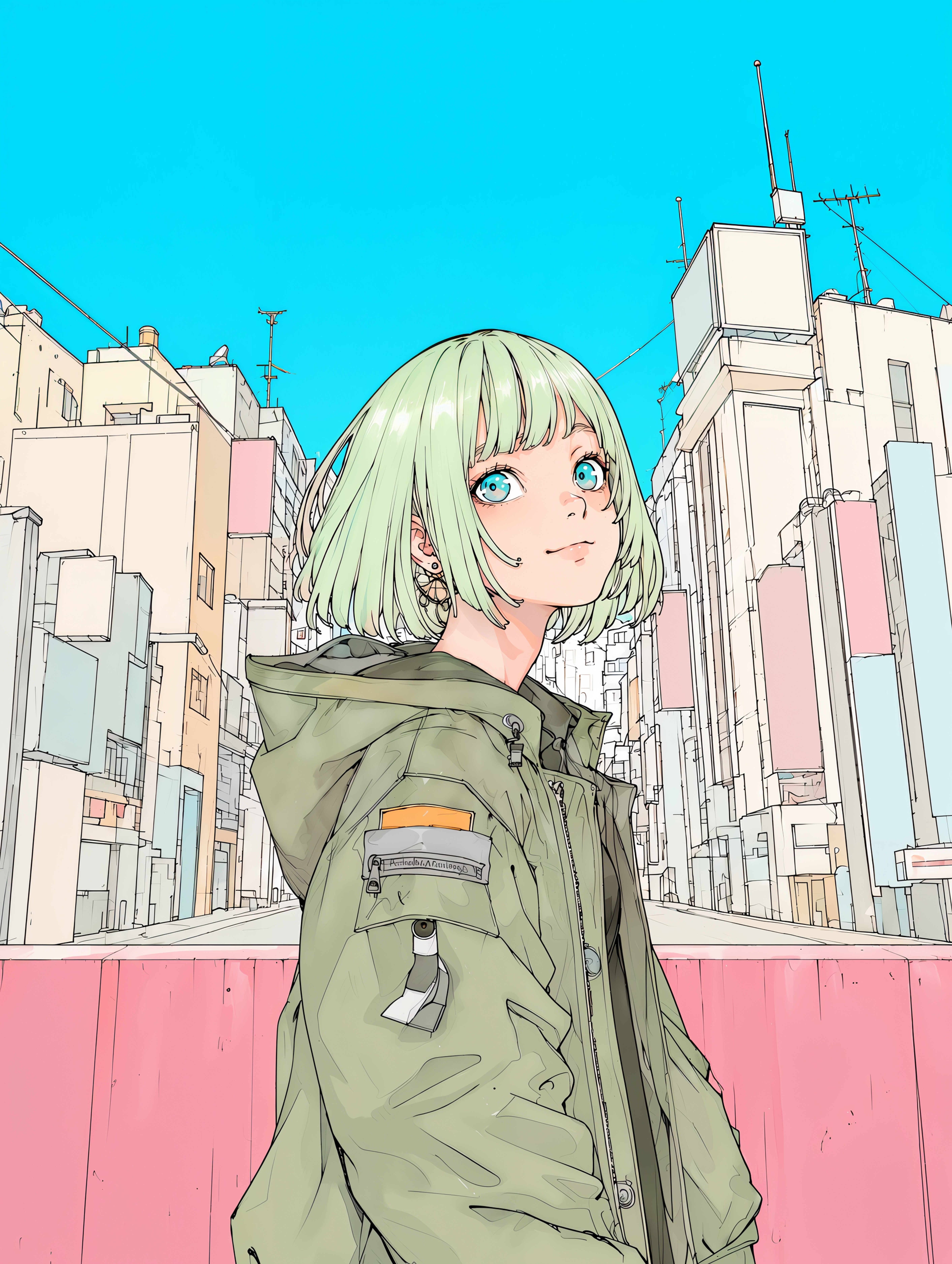街中で元気に笑う若い可愛い女の子のイラスト no.5