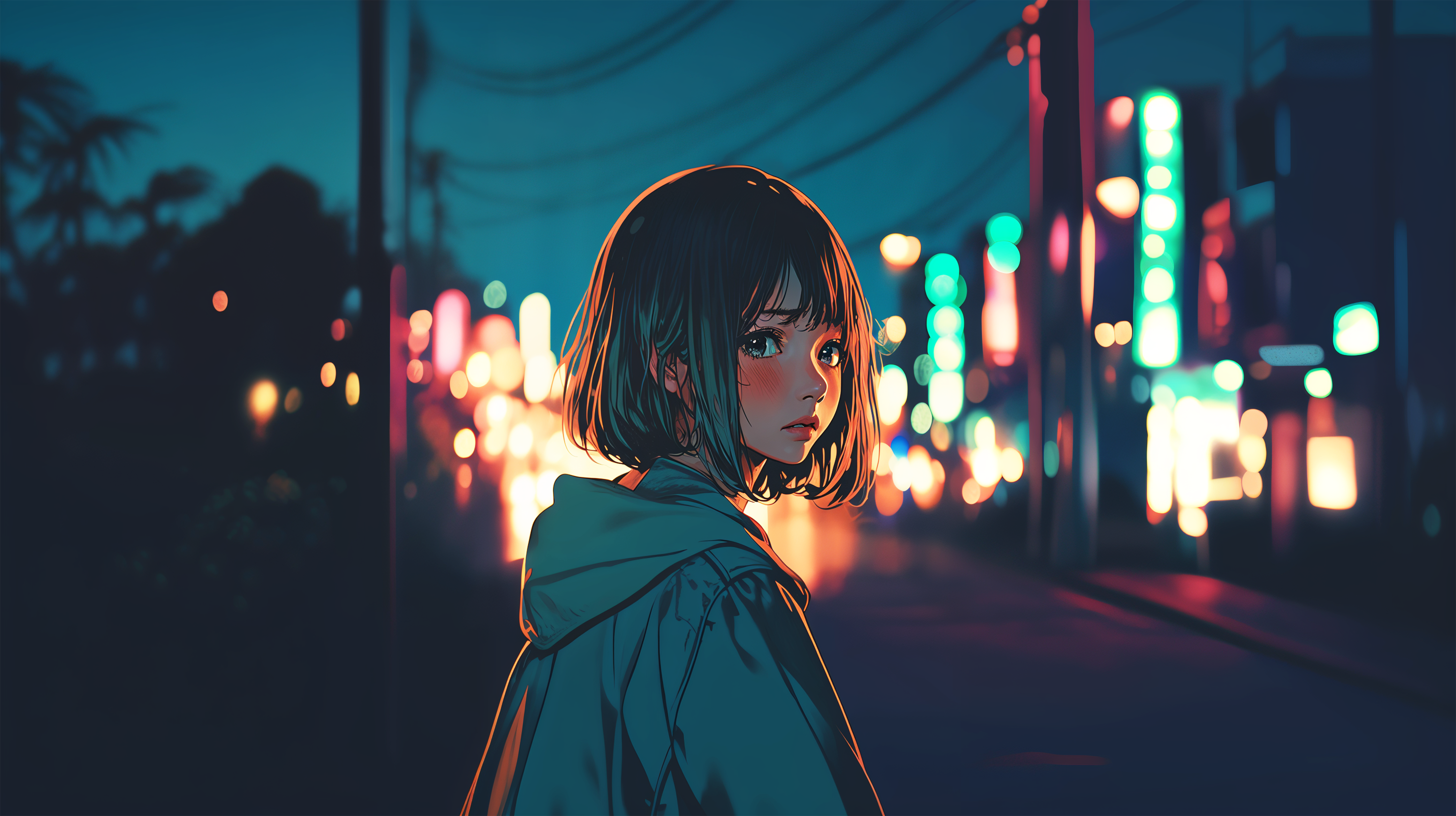 夜の街で振り返る可愛い女の子のイラスト no.1