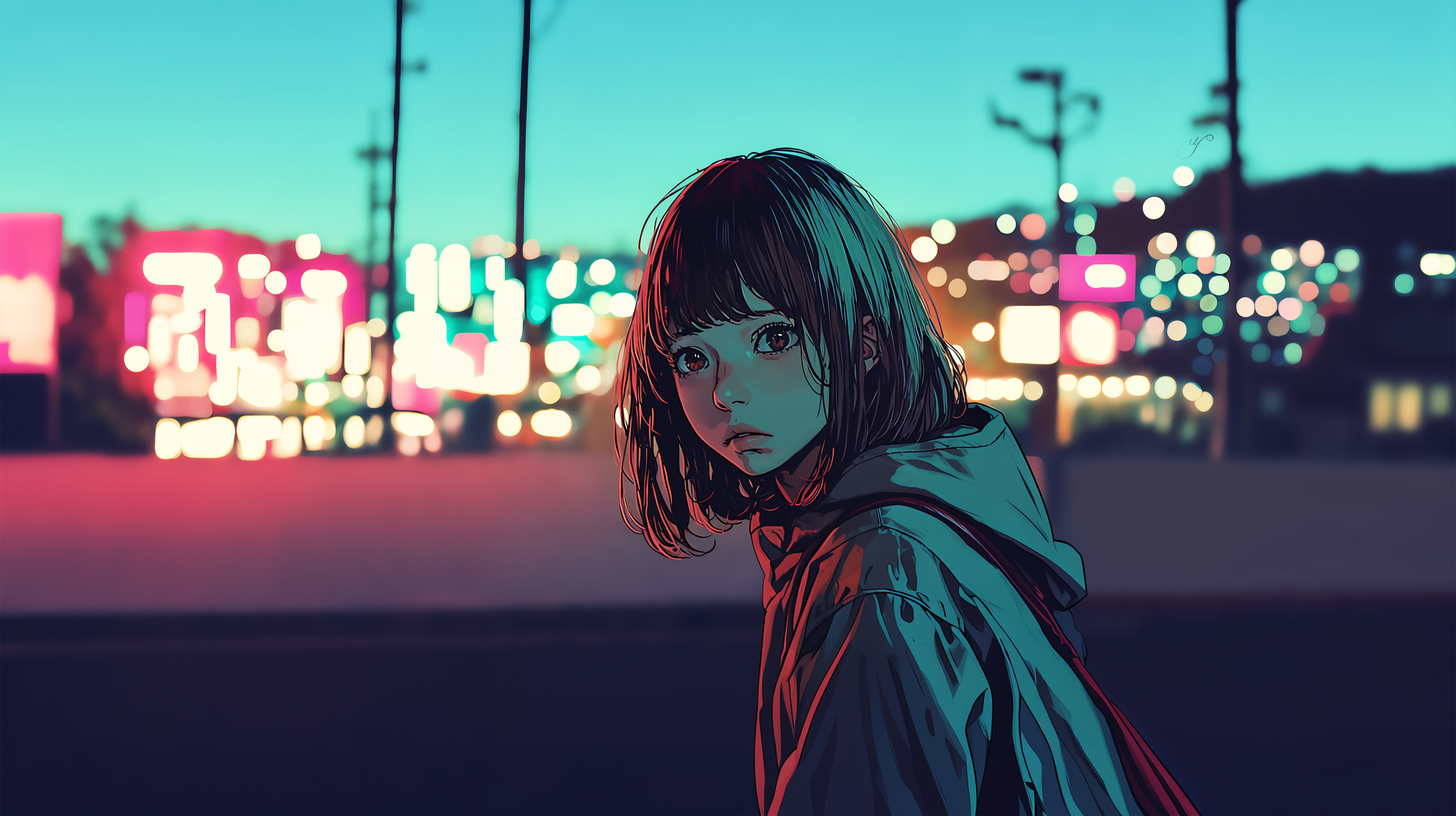 夜の街で振り返る可愛い女の子のイラスト no.2