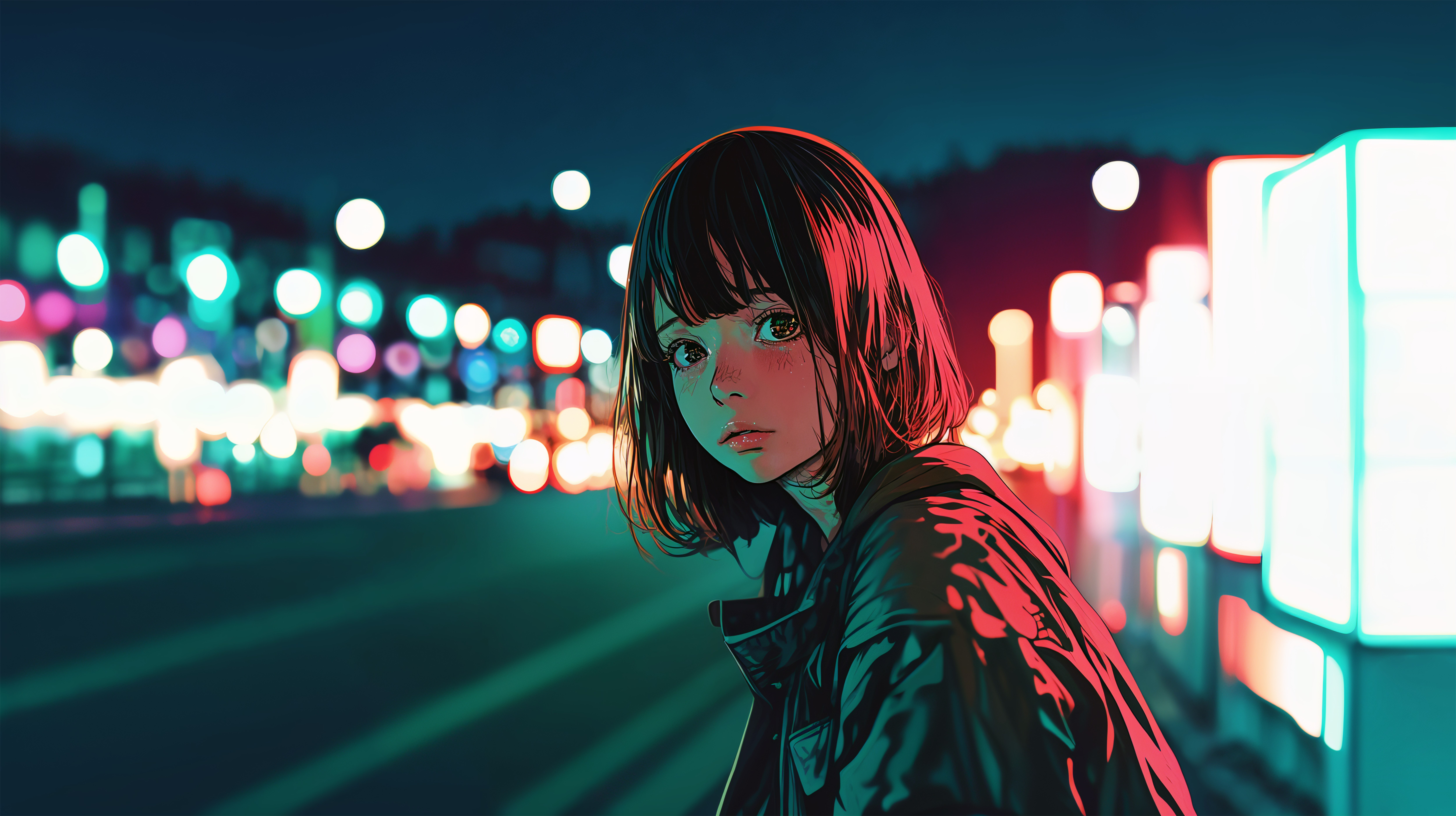 夜の街で振り返る可愛い女の子のイラスト no.3