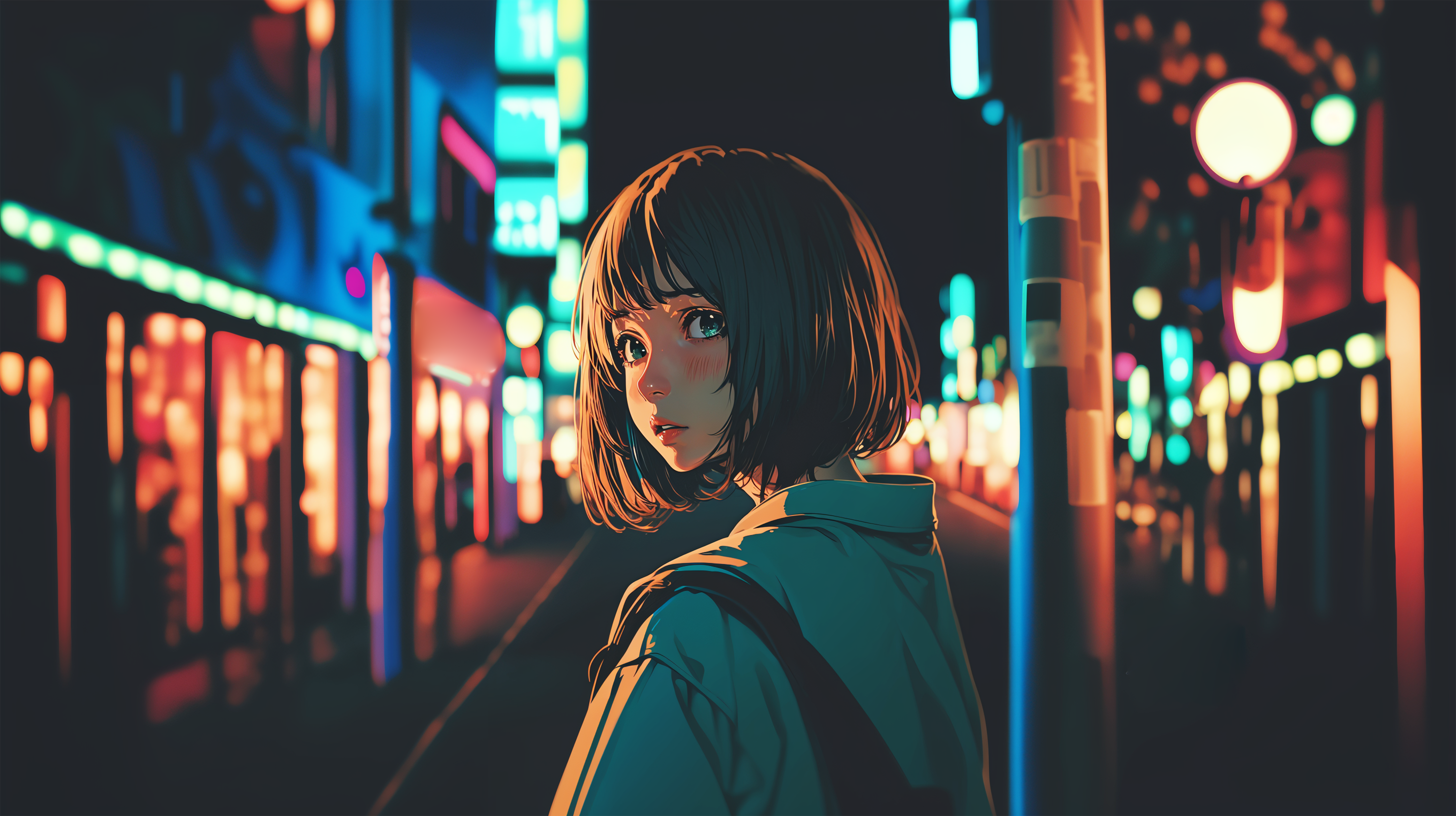 夜の街で振り返る可愛い女の子のイラスト no.4