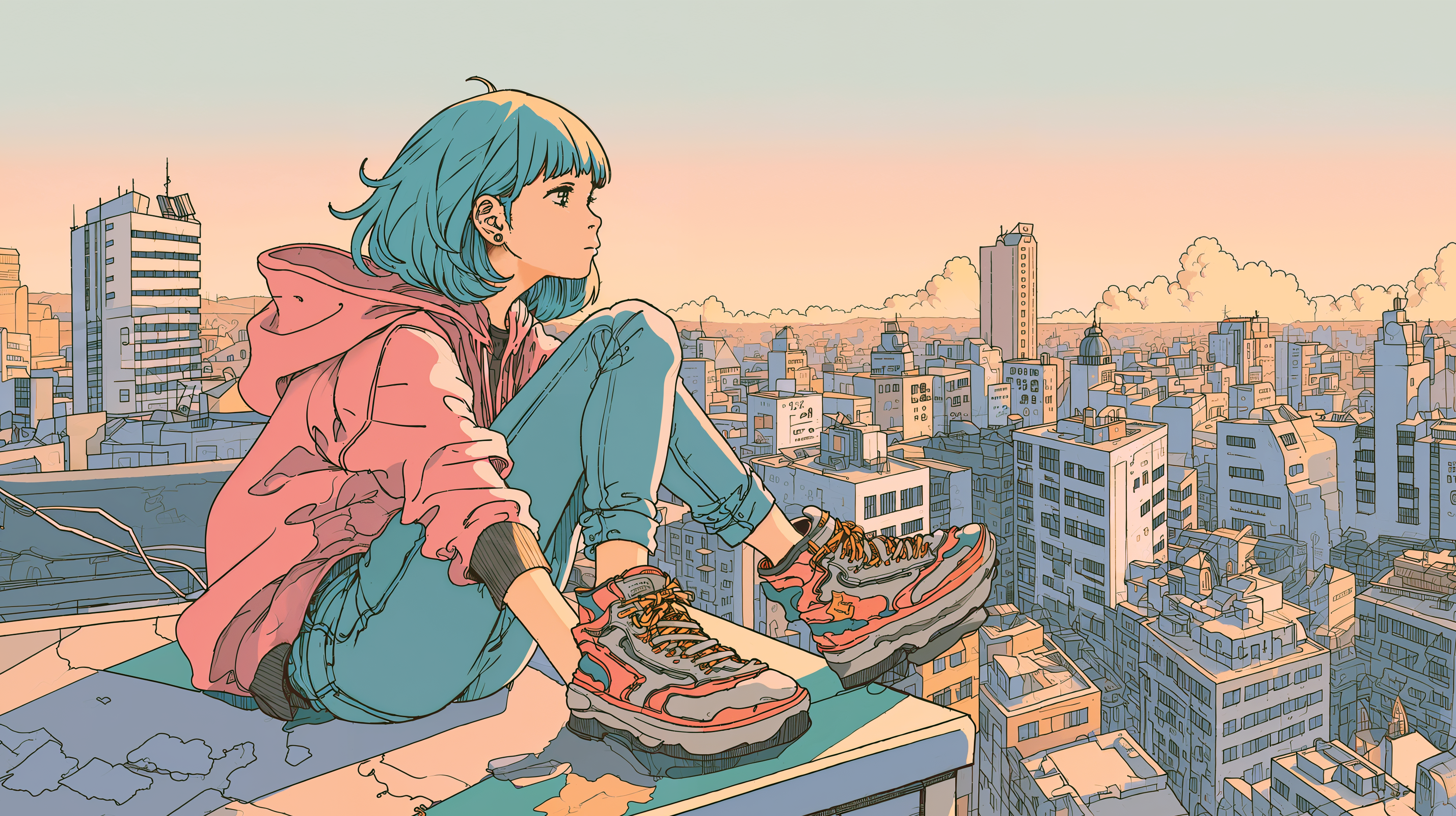 夕焼けに染まる都会の空を屋上に座って眺めている女の子のイラスト no.2