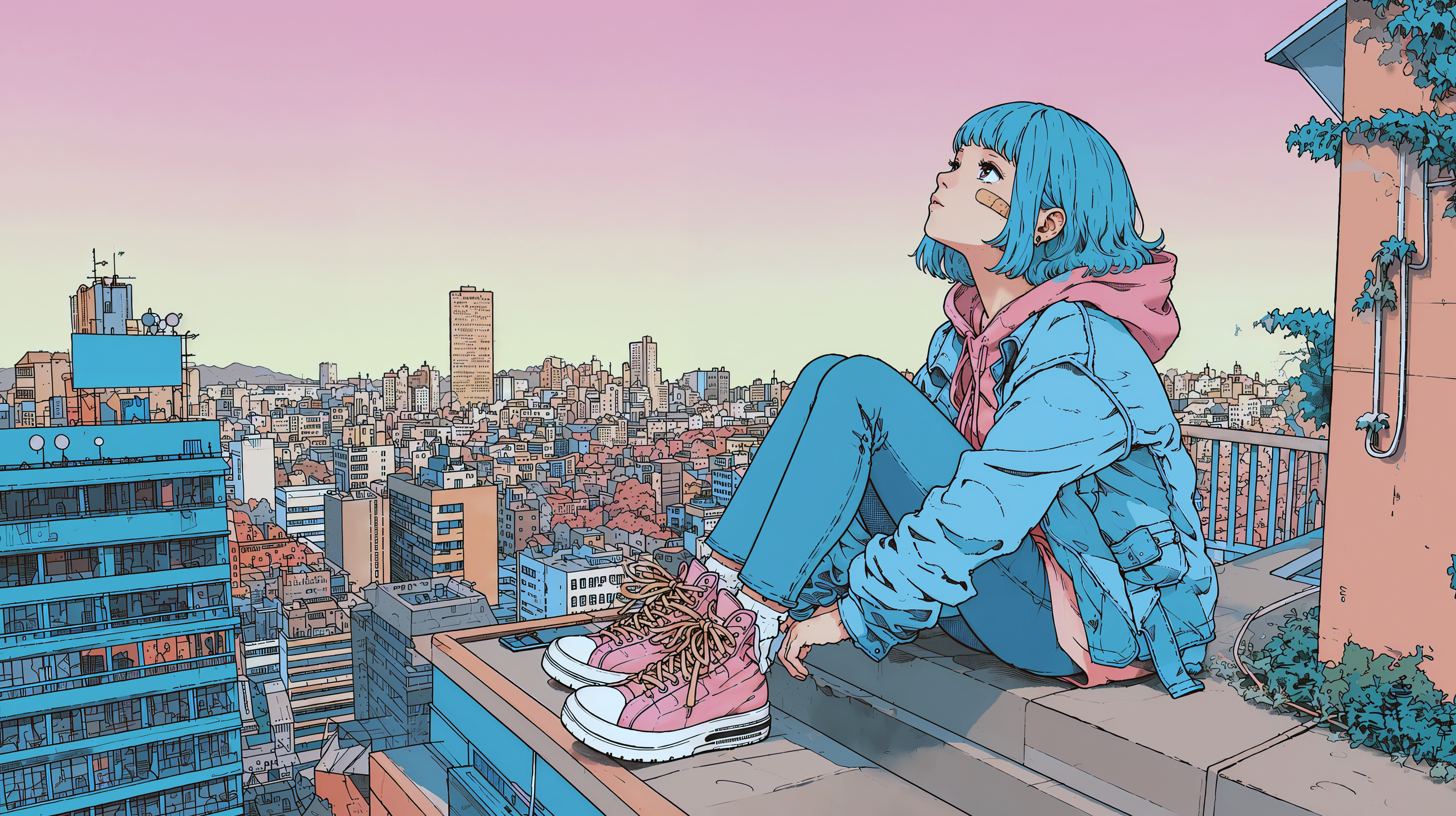 夕焼けに染まる都会の空を屋上に座って眺めている女の子のイラスト no.4