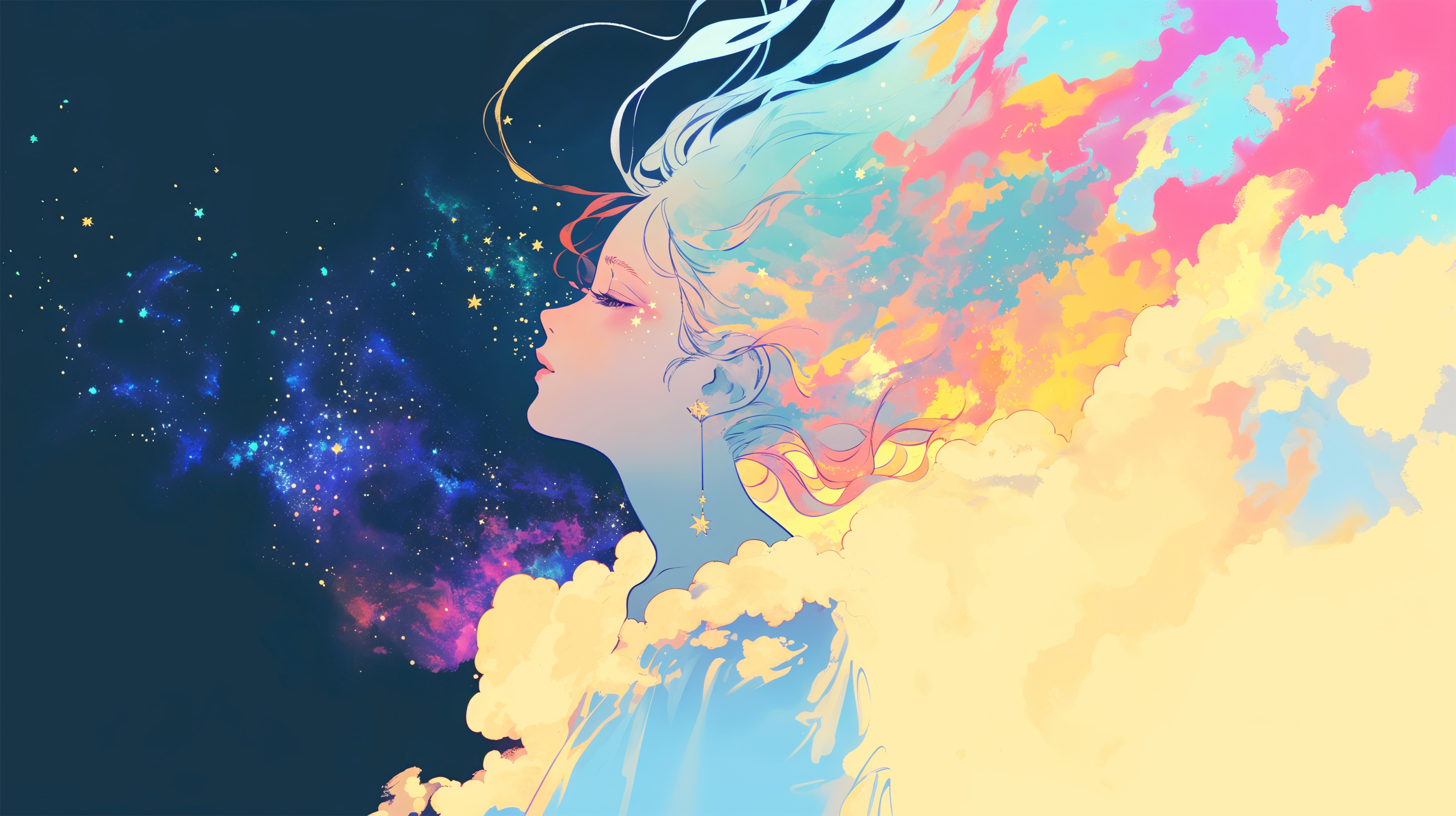 目を閉じる女性と幻想的な夜空 no.1