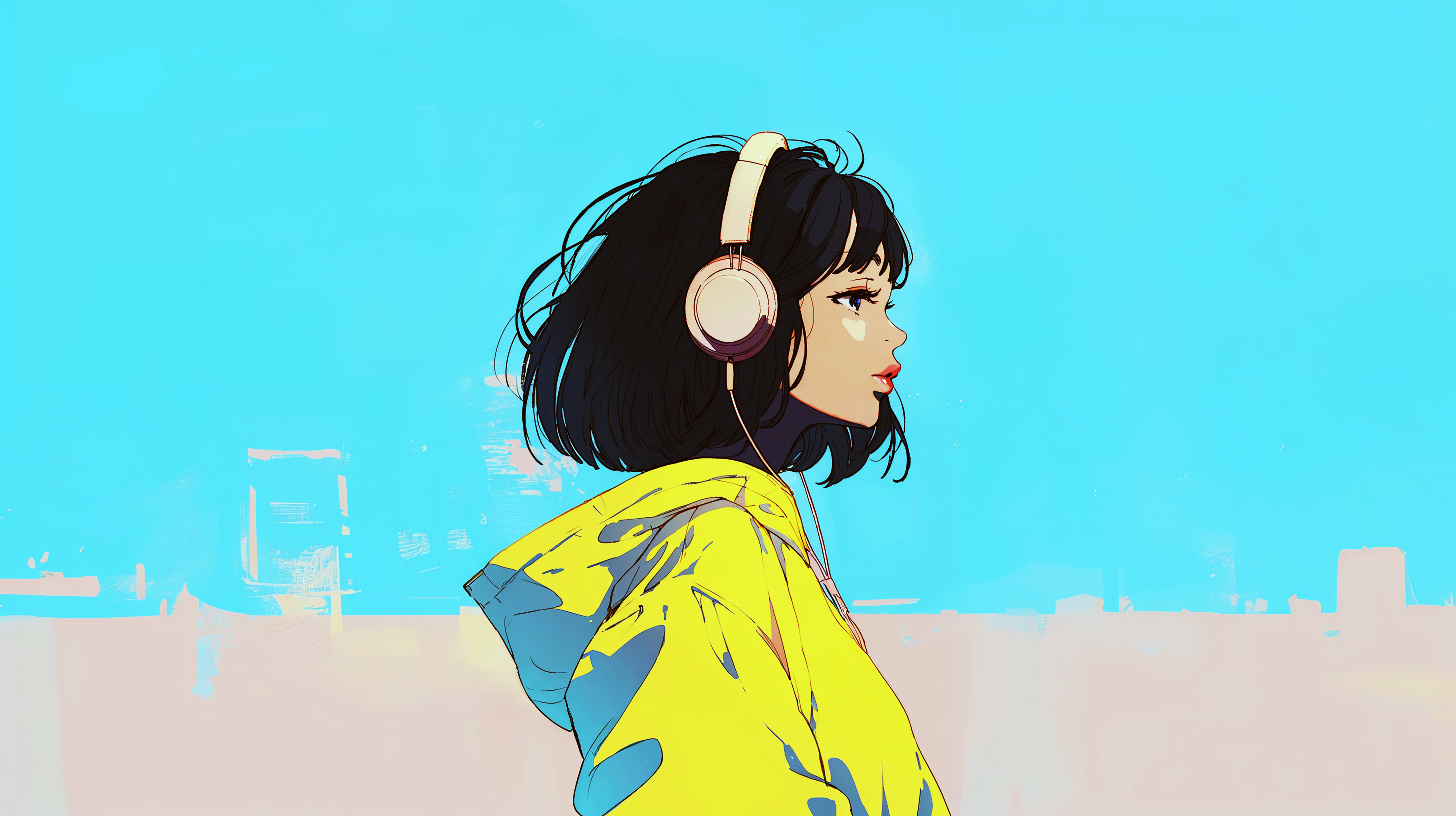 ヘッドホンで音楽聴きながら歩くクールな女の子の横顔イラスト no.1