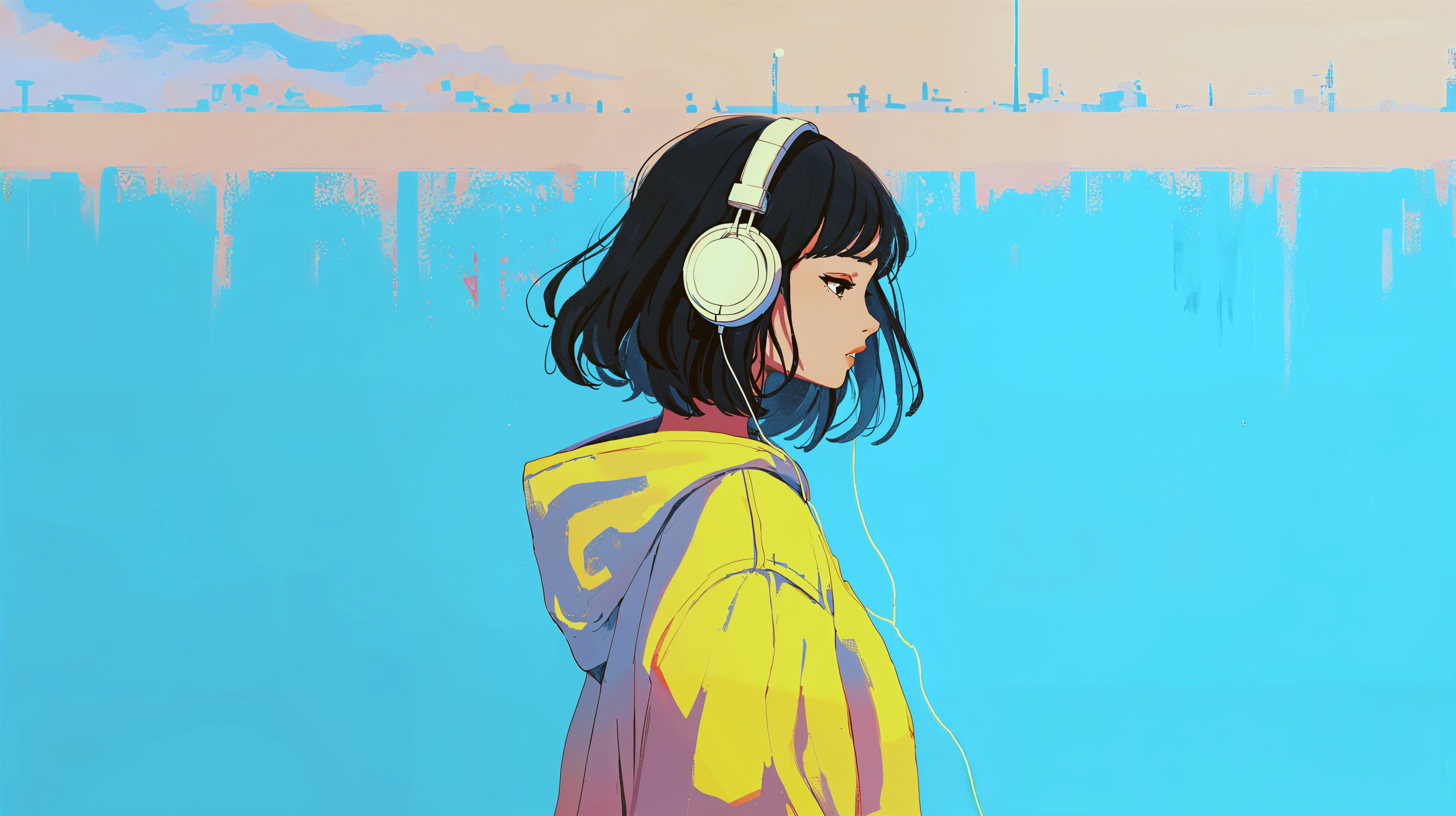 ヘッドホンで音楽聴きながら歩くクールな女の子の横顔イラスト no.2