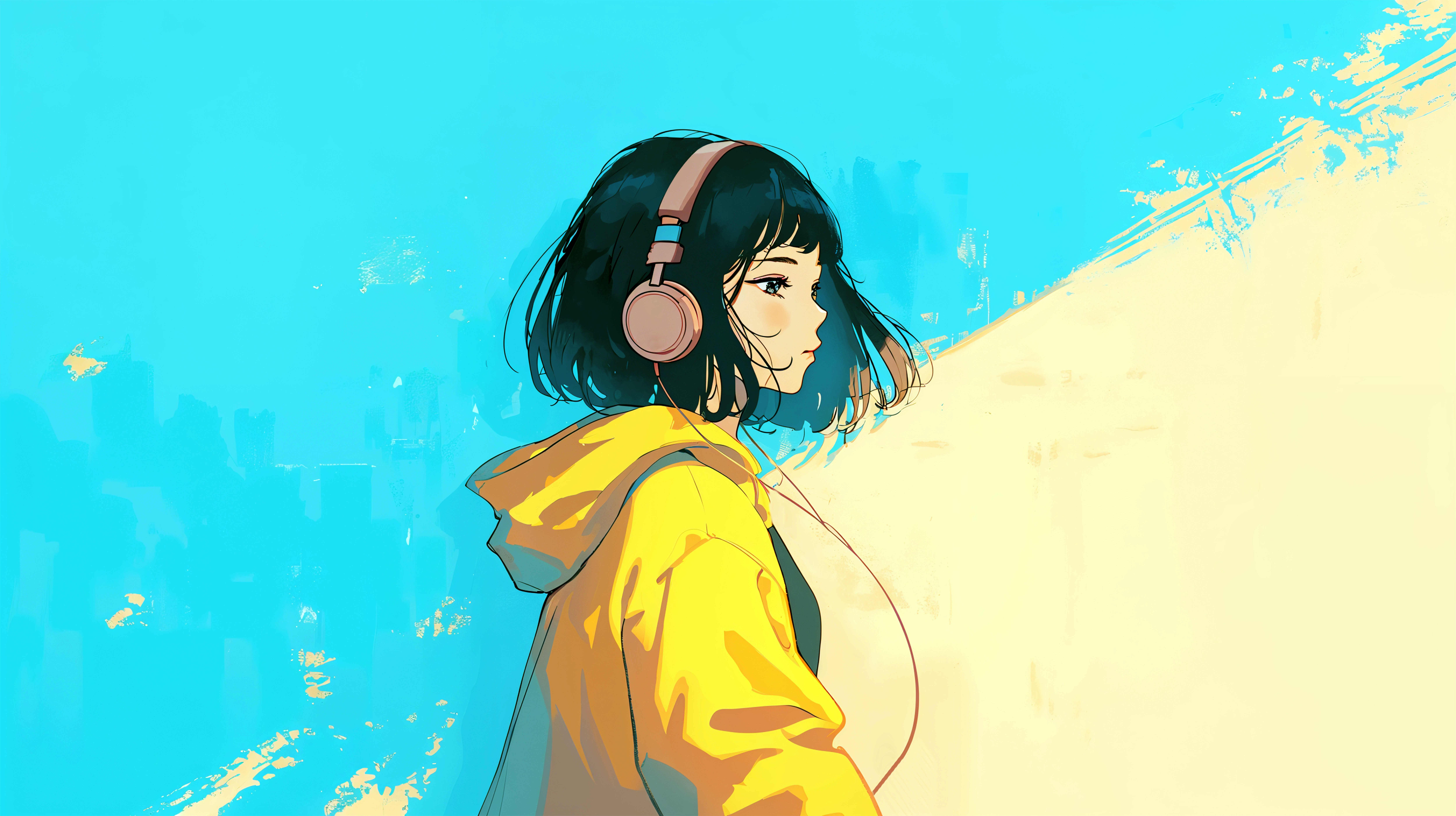 ヘッドホンで音楽聴きながら歩くクールな女の子の横顔イラスト no.5