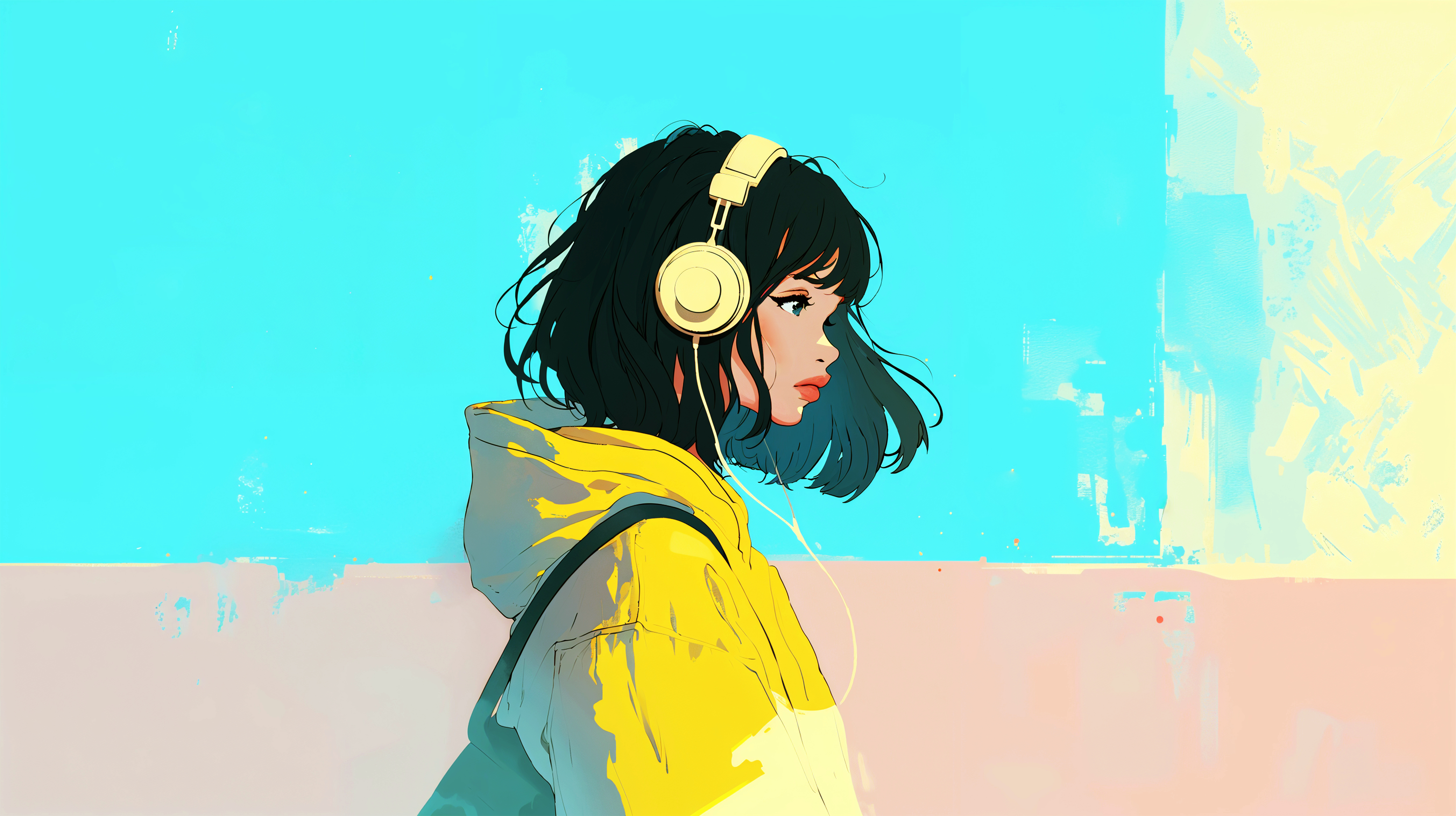 ヘッドホンで音楽聴きながら歩くクールな女の子の横顔イラスト no.7