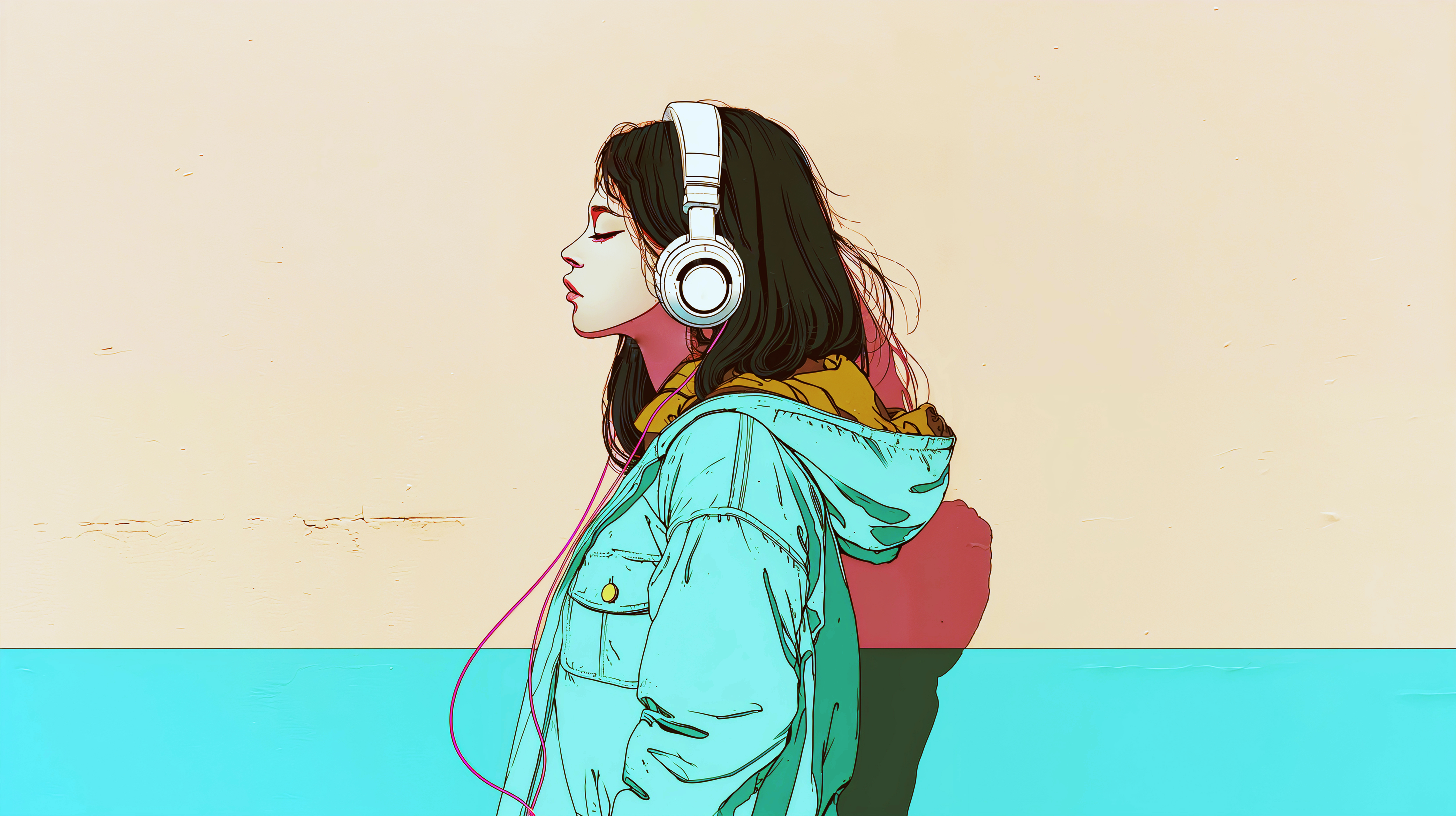 ヘッドホンで音楽聴きながら歩くクールな女の子の横顔イラスト no.8