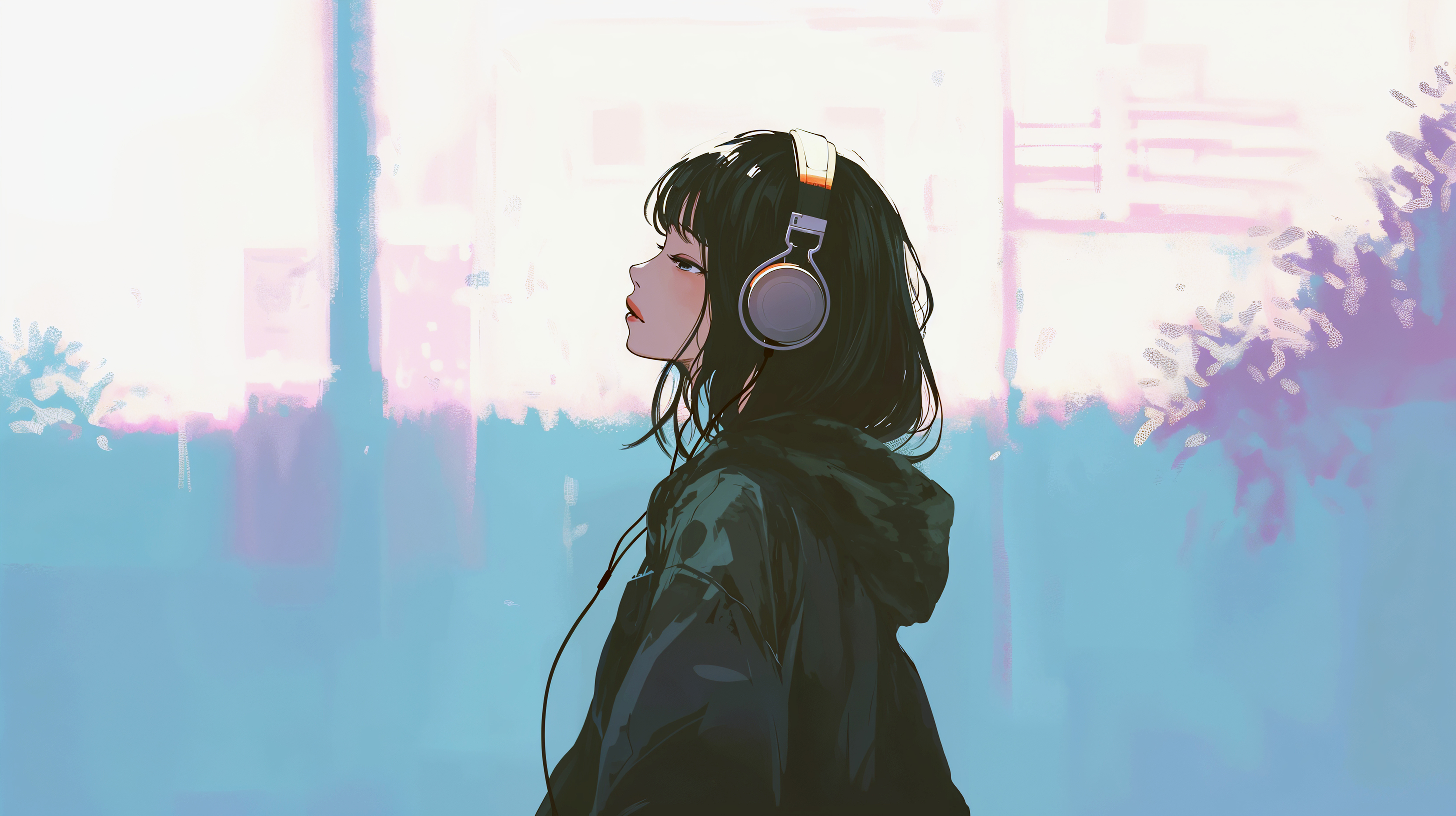 ヘッドホンで音楽聴きながら歩くクールな女の子の横顔イラスト no.12