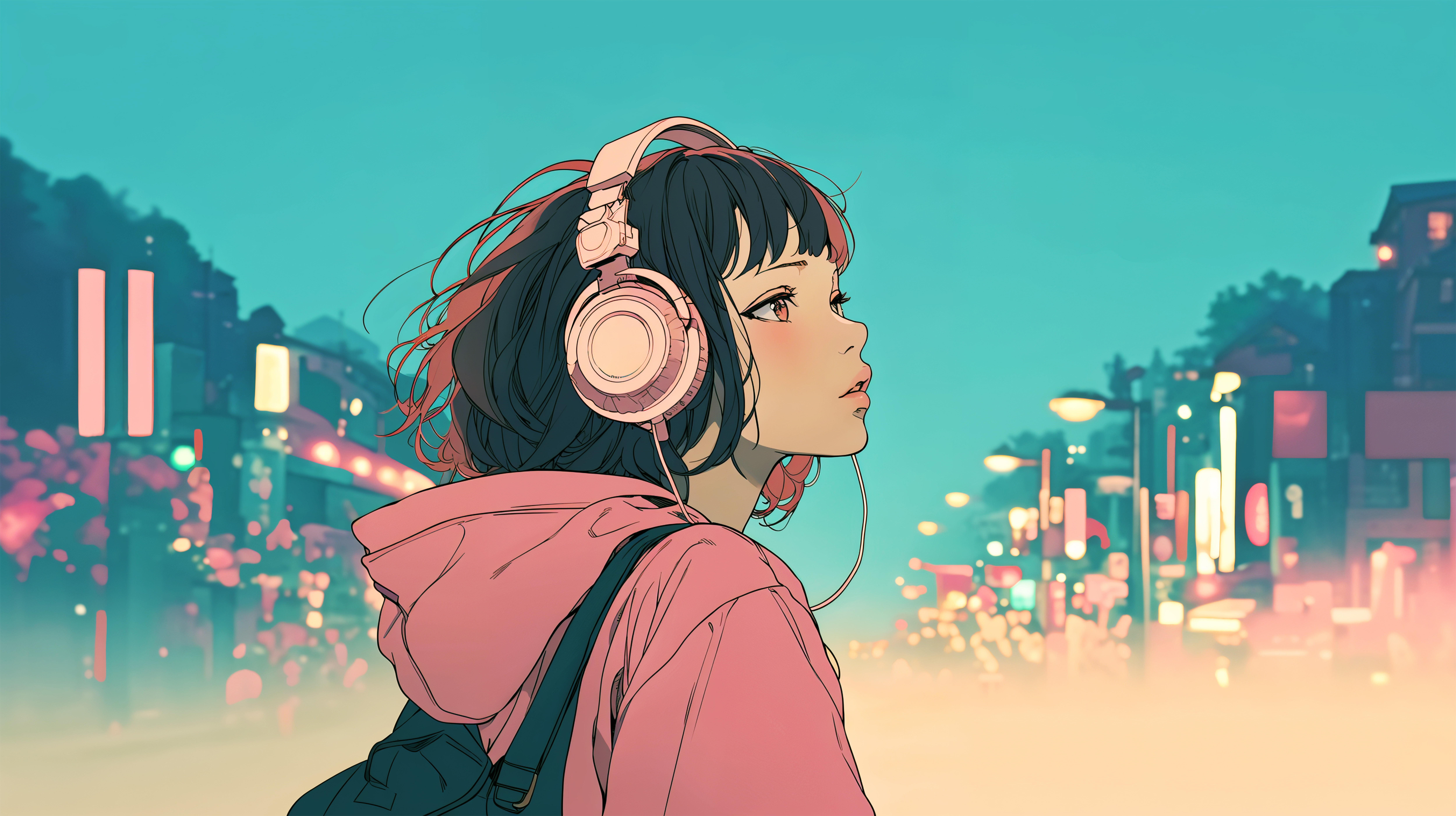 ヘッドホンで音楽聴きながら歩くクールな女の子の横顔イラスト no.13