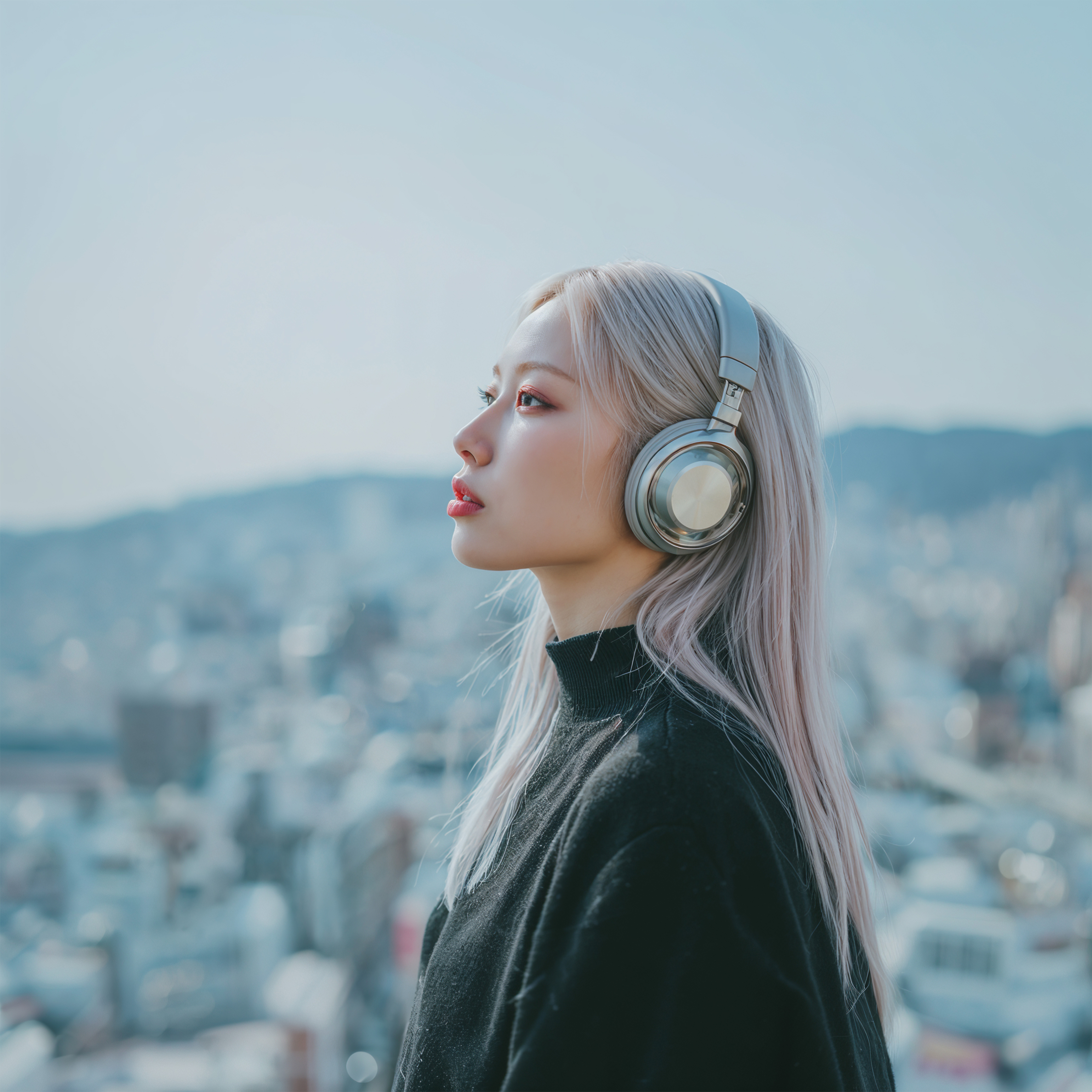 夕焼けに染まる都会をヘッドホンをつけて眺める女性の横顔 no.4