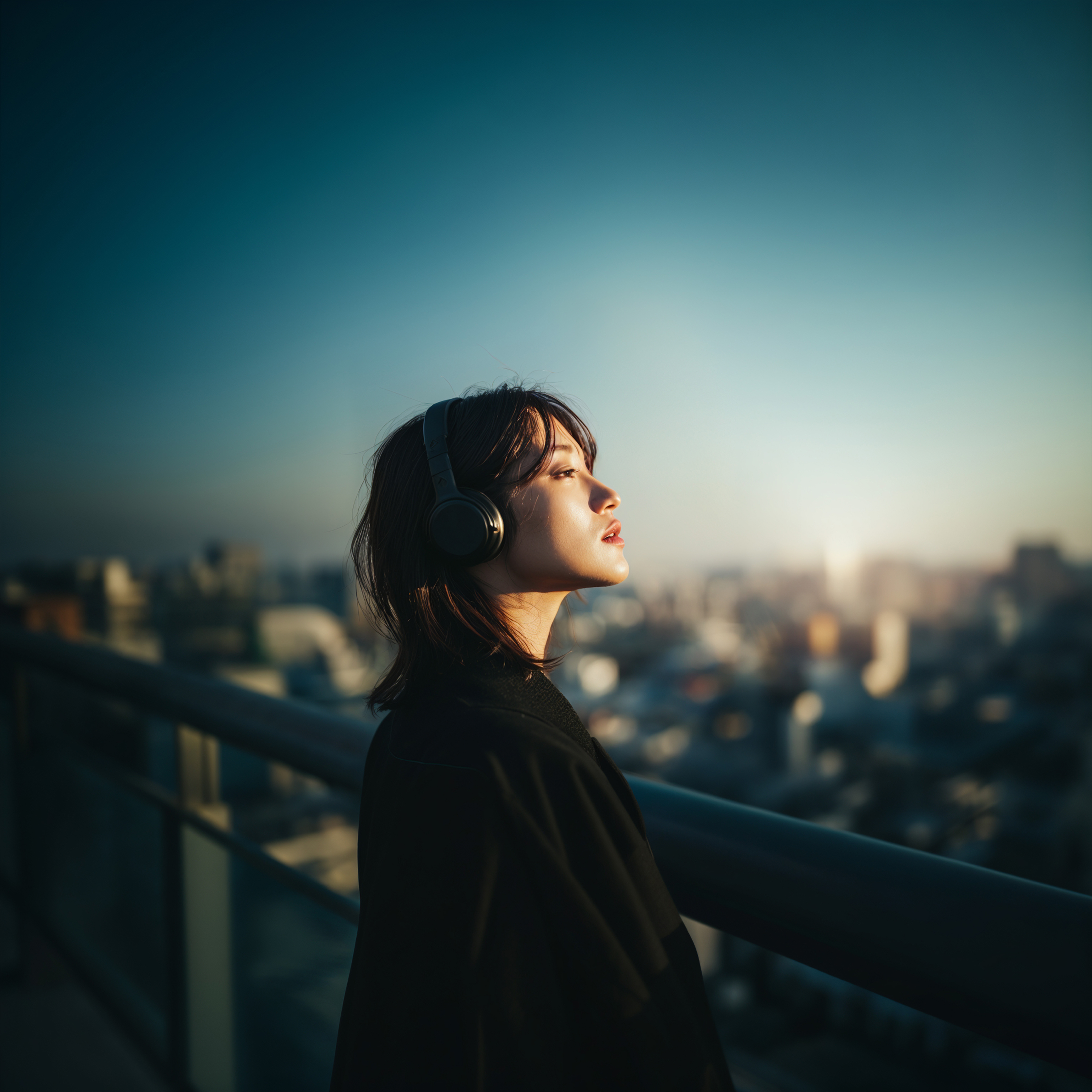 ヘッドホンをして都会の風景を眺める女性の横顔 no.1