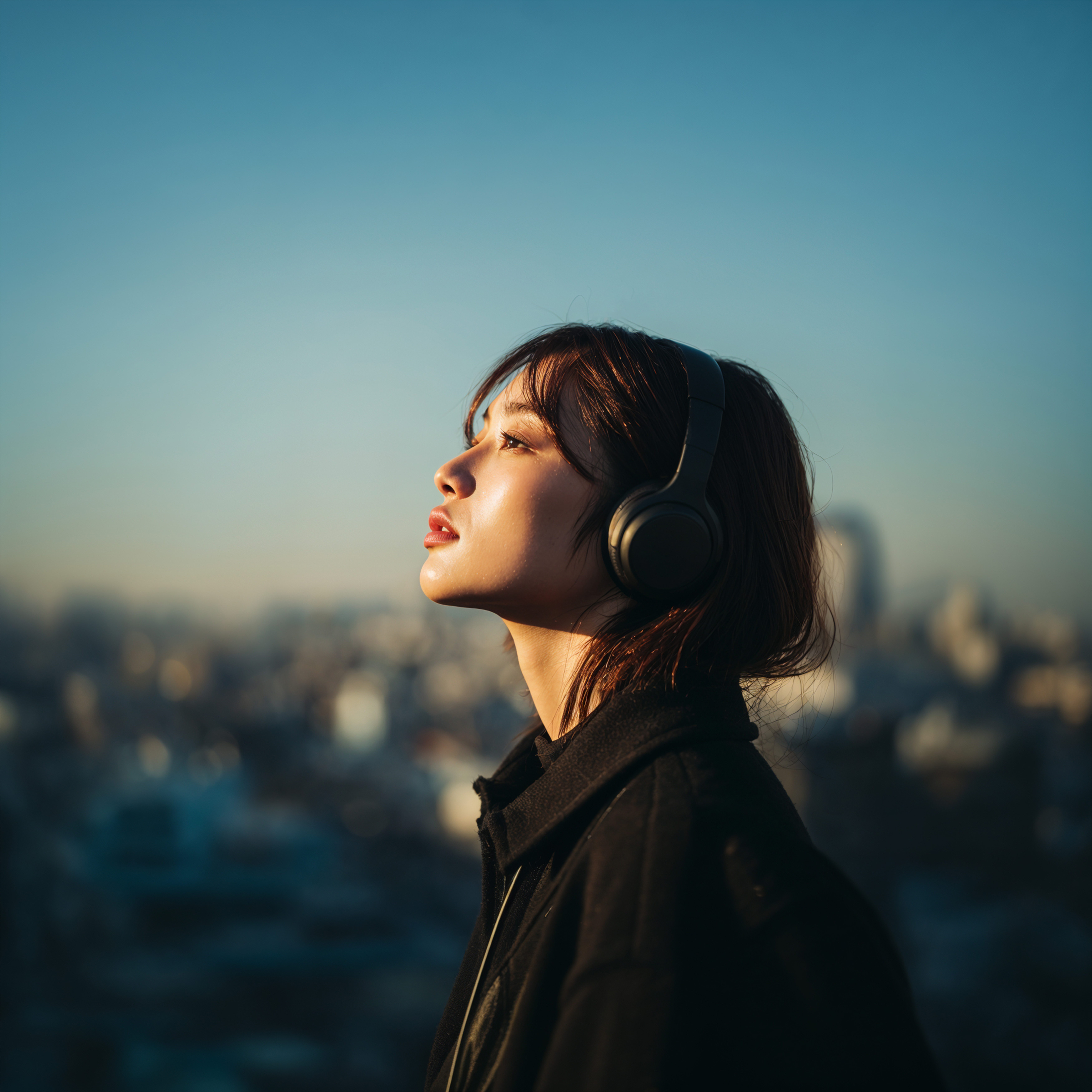 ヘッドホンをして都会の風景を眺める女性の横顔 no.2