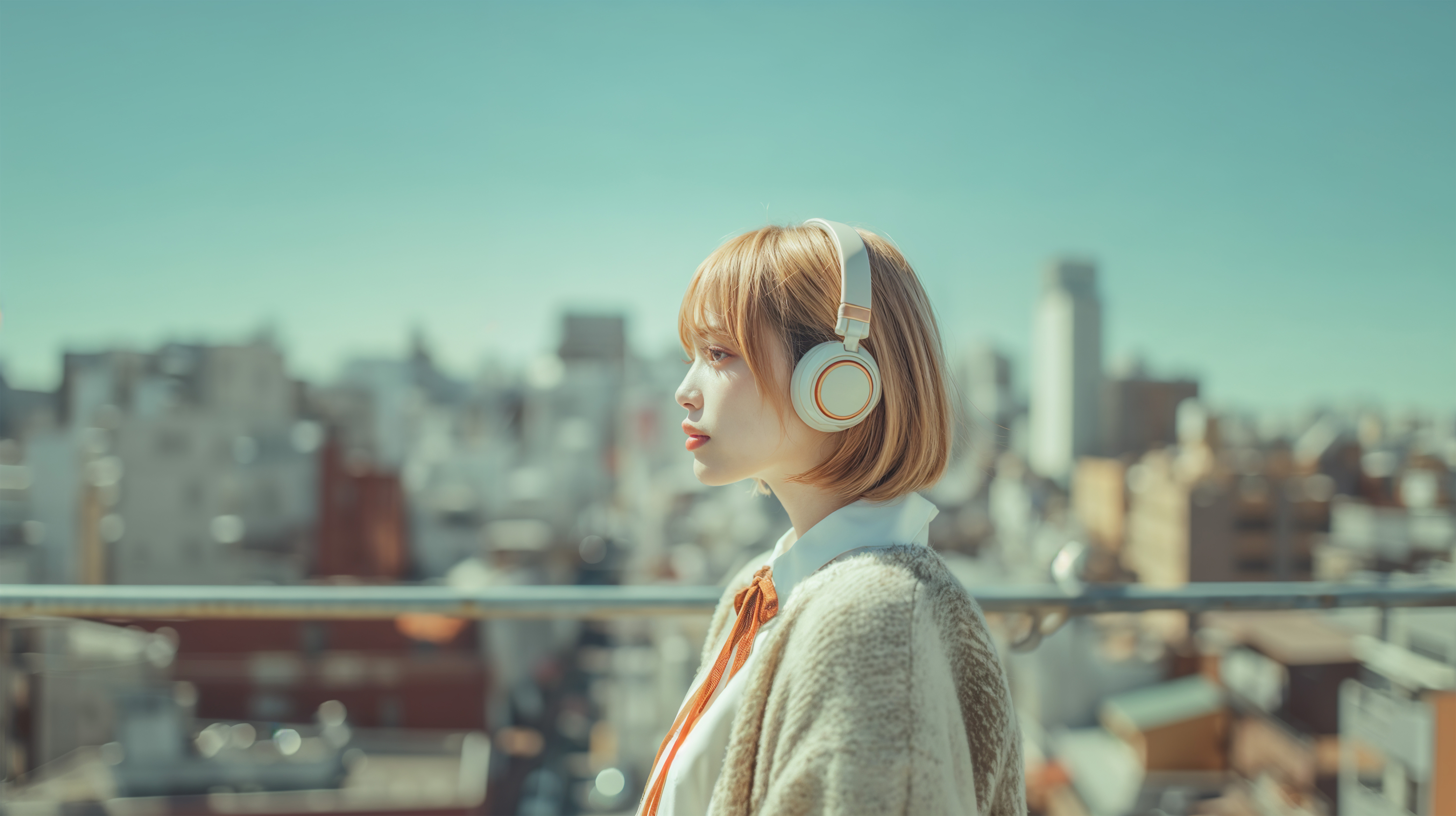 ヘッドホンで音楽を聴きながら都会を眺める女性 no.1