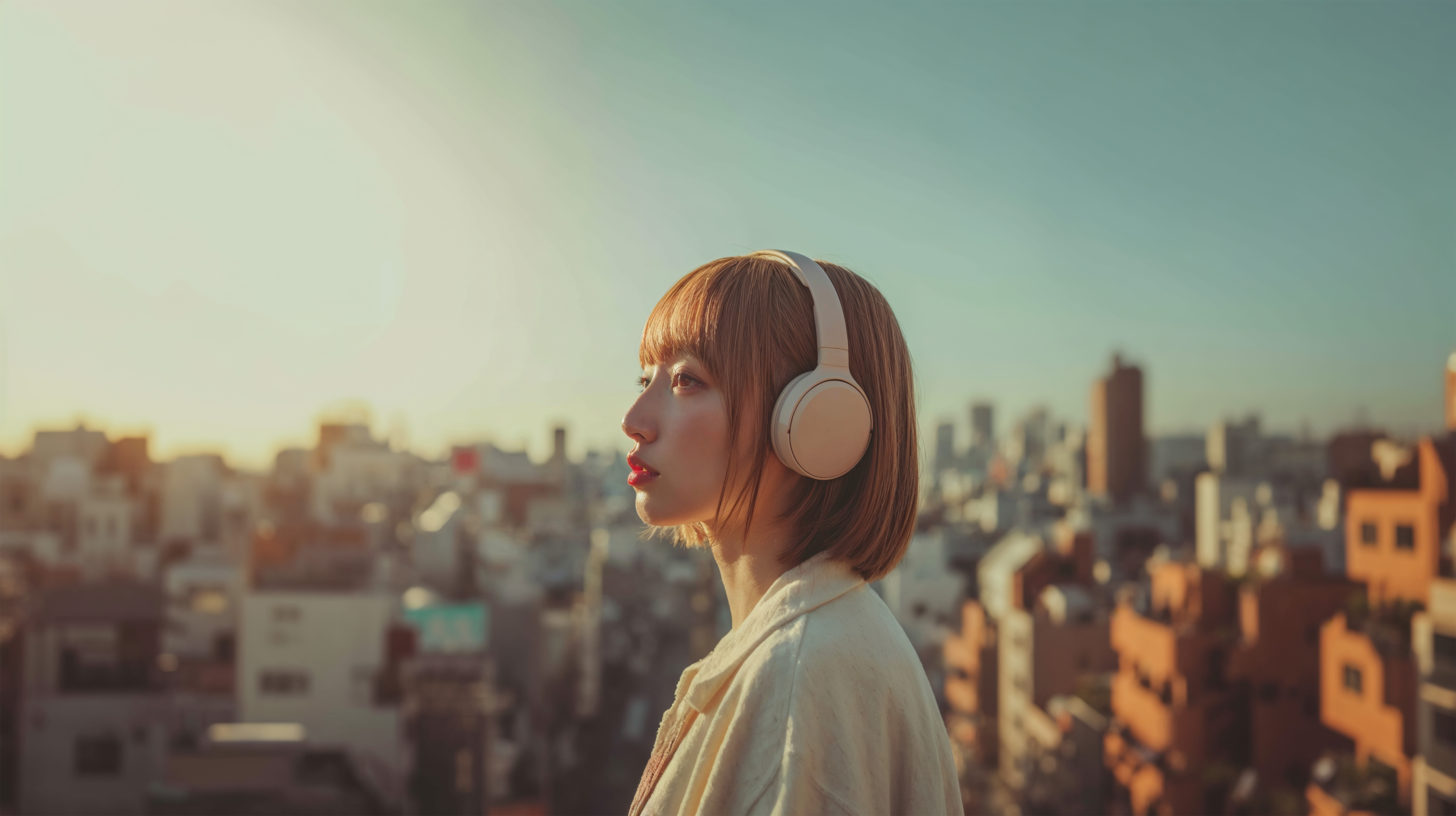 ヘッドホンで音楽を聴きながら都会を眺める女性 no.2