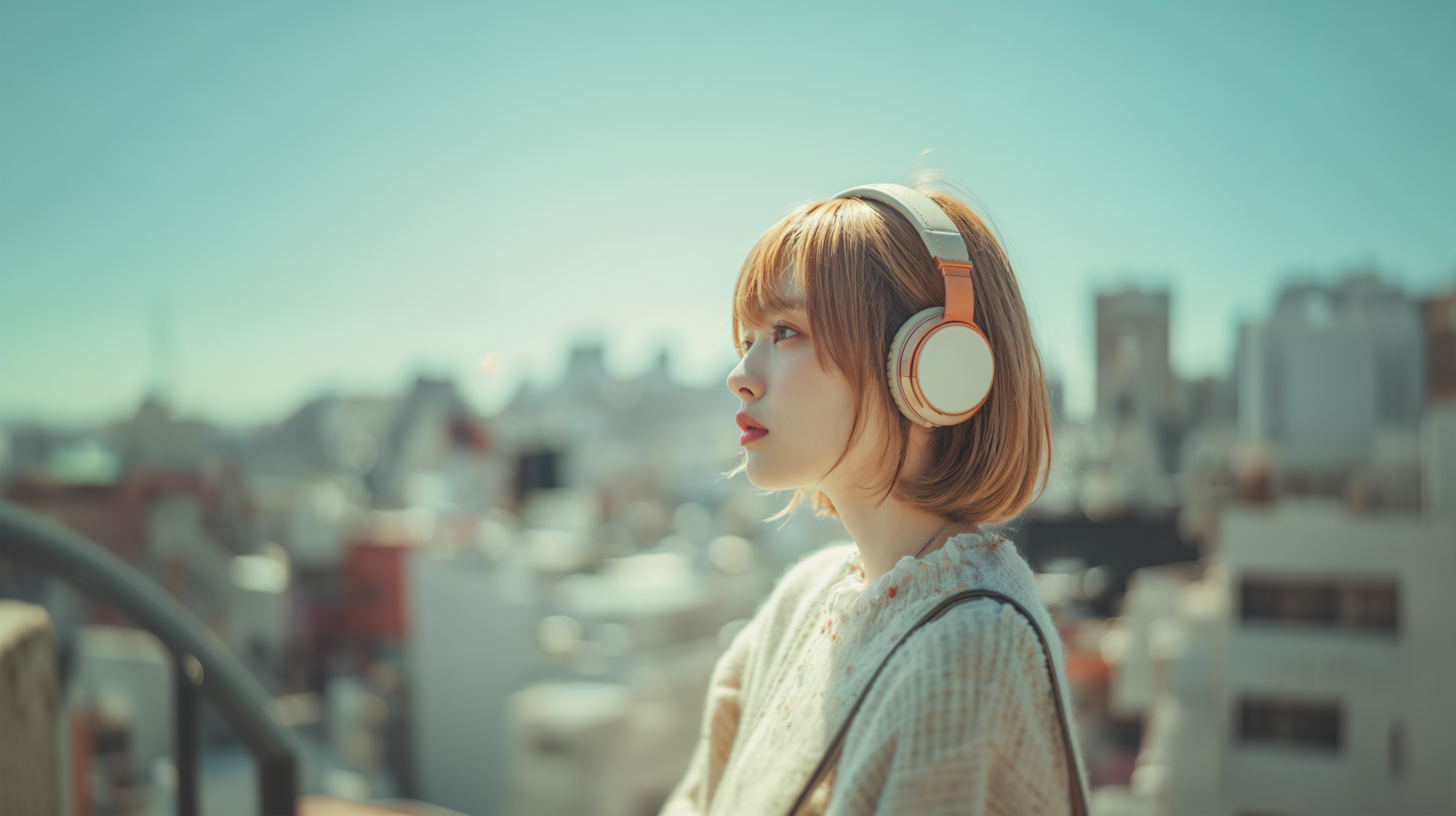 ヘッドホンで音楽を聴きながら都会を眺める女性 no.3