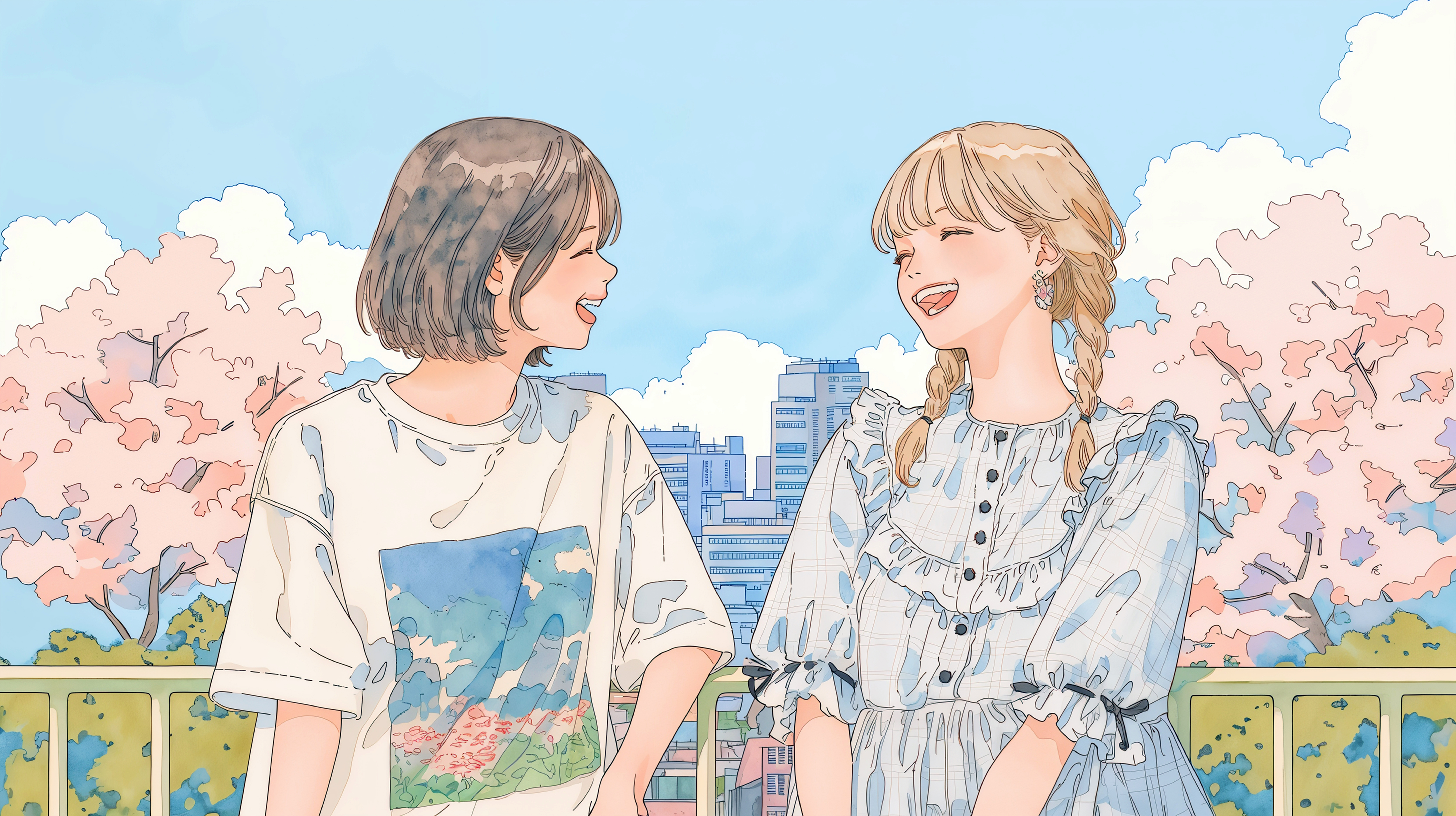 桜の咲く都会の街で笑い合う女の子二人のイラスト no.1