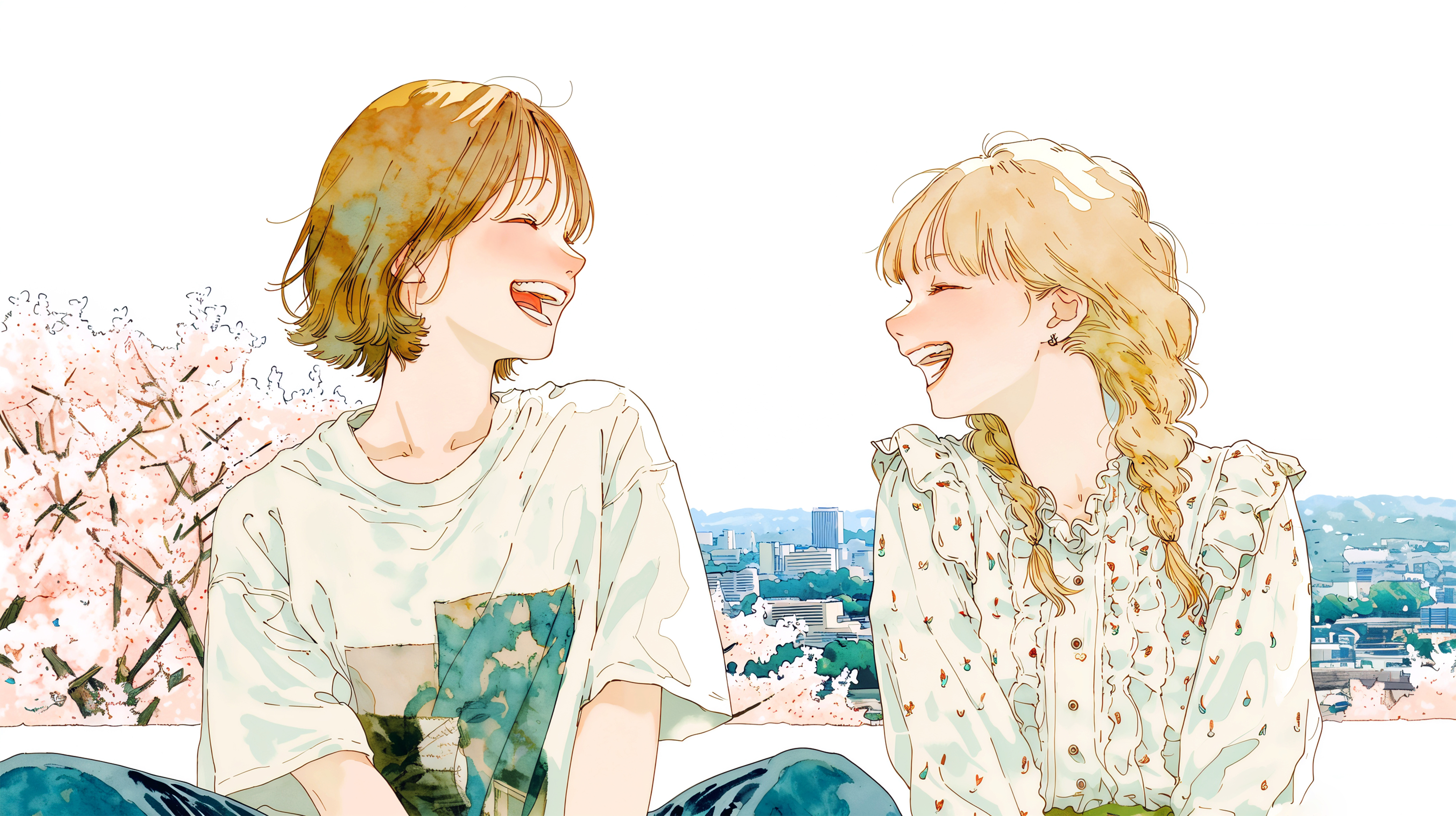 桜の咲く都会の街で笑い合う女の子二人のイラスト no.2