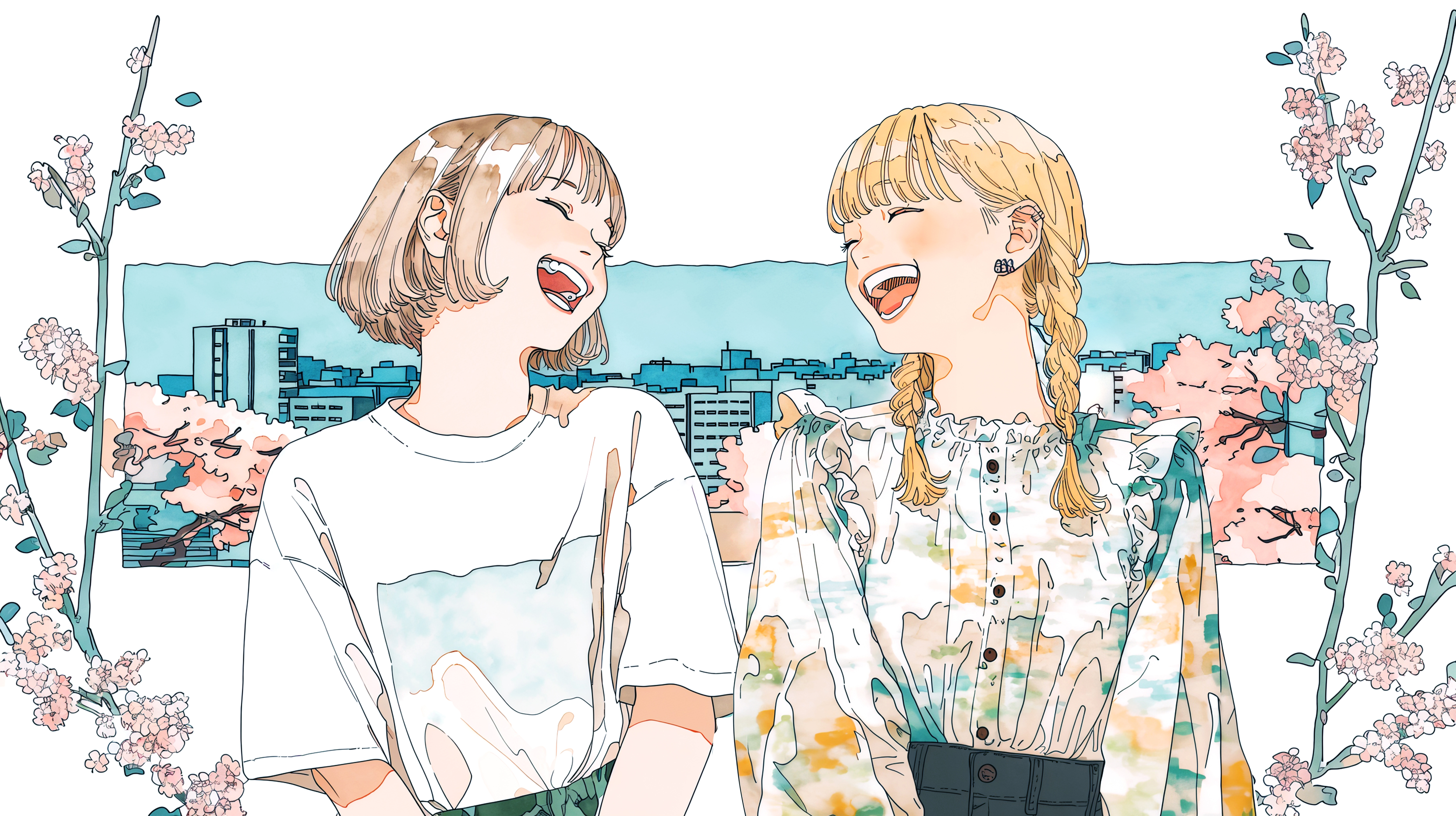 桜の咲く都会の街で笑い合う女の子二人のイラスト no.3