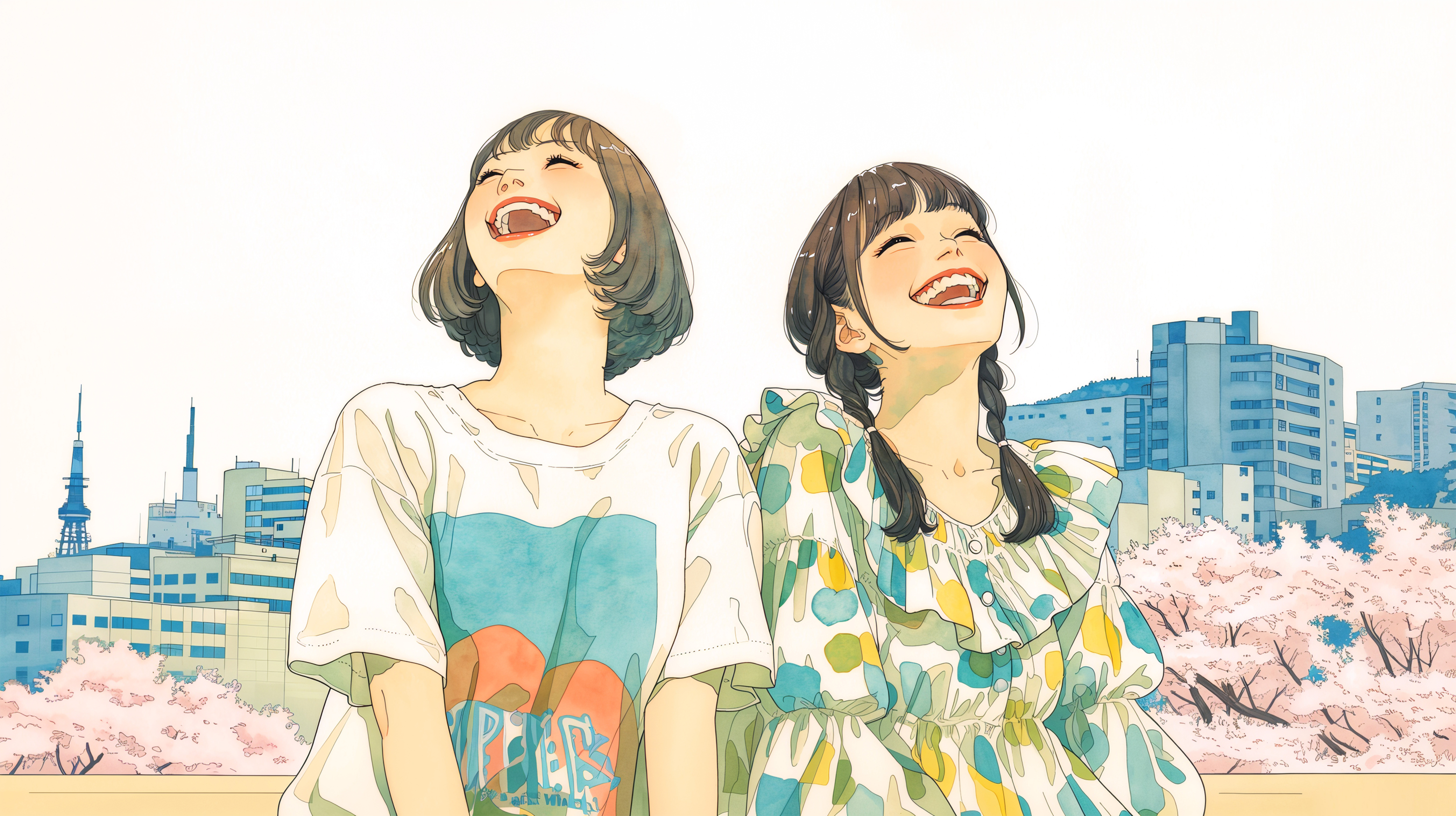 桜の咲く都会の街で笑い合う女の子二人のイラスト no.4