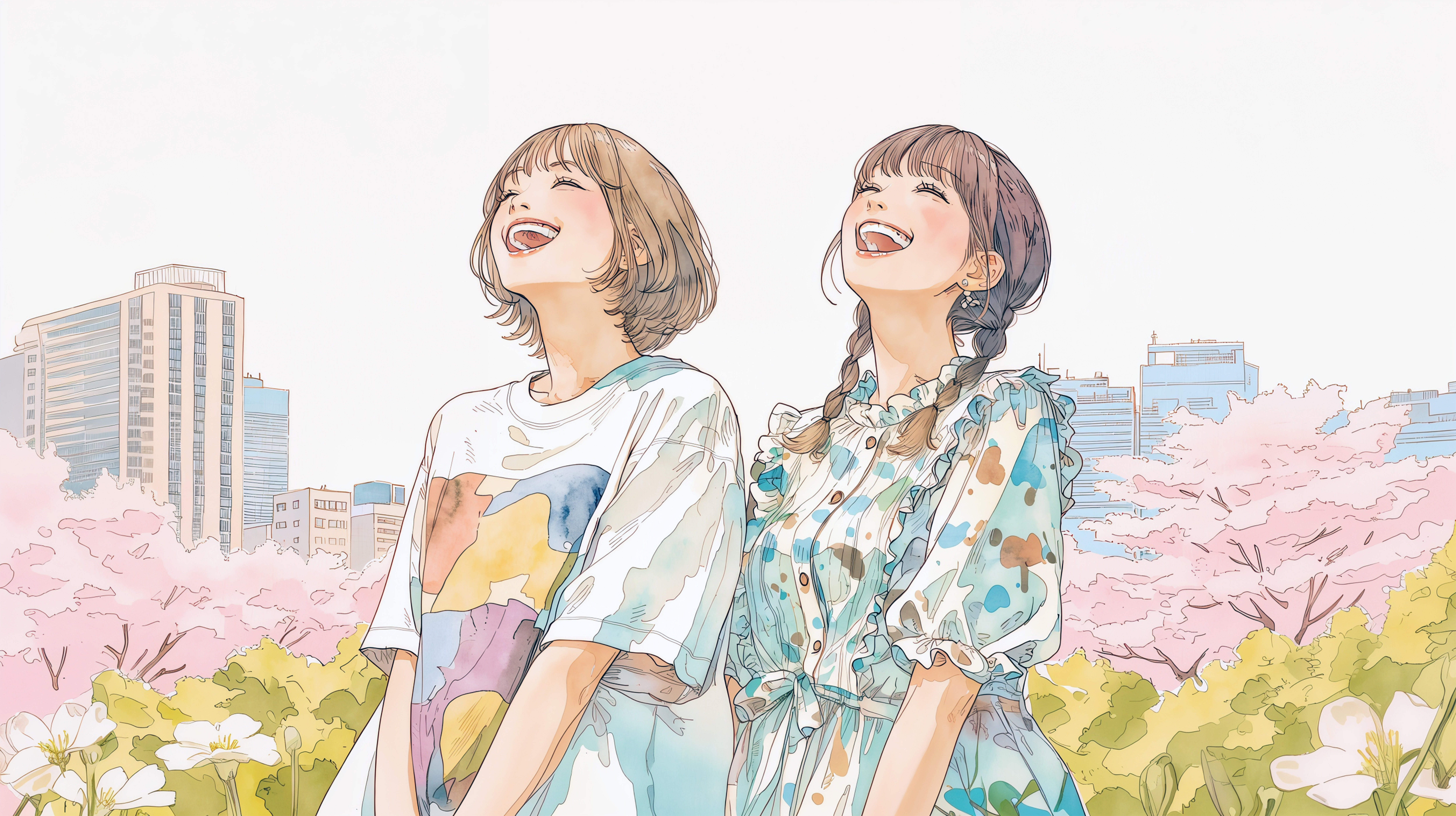 桜の咲く都会の街で笑い合う女の子二人のイラスト no.5