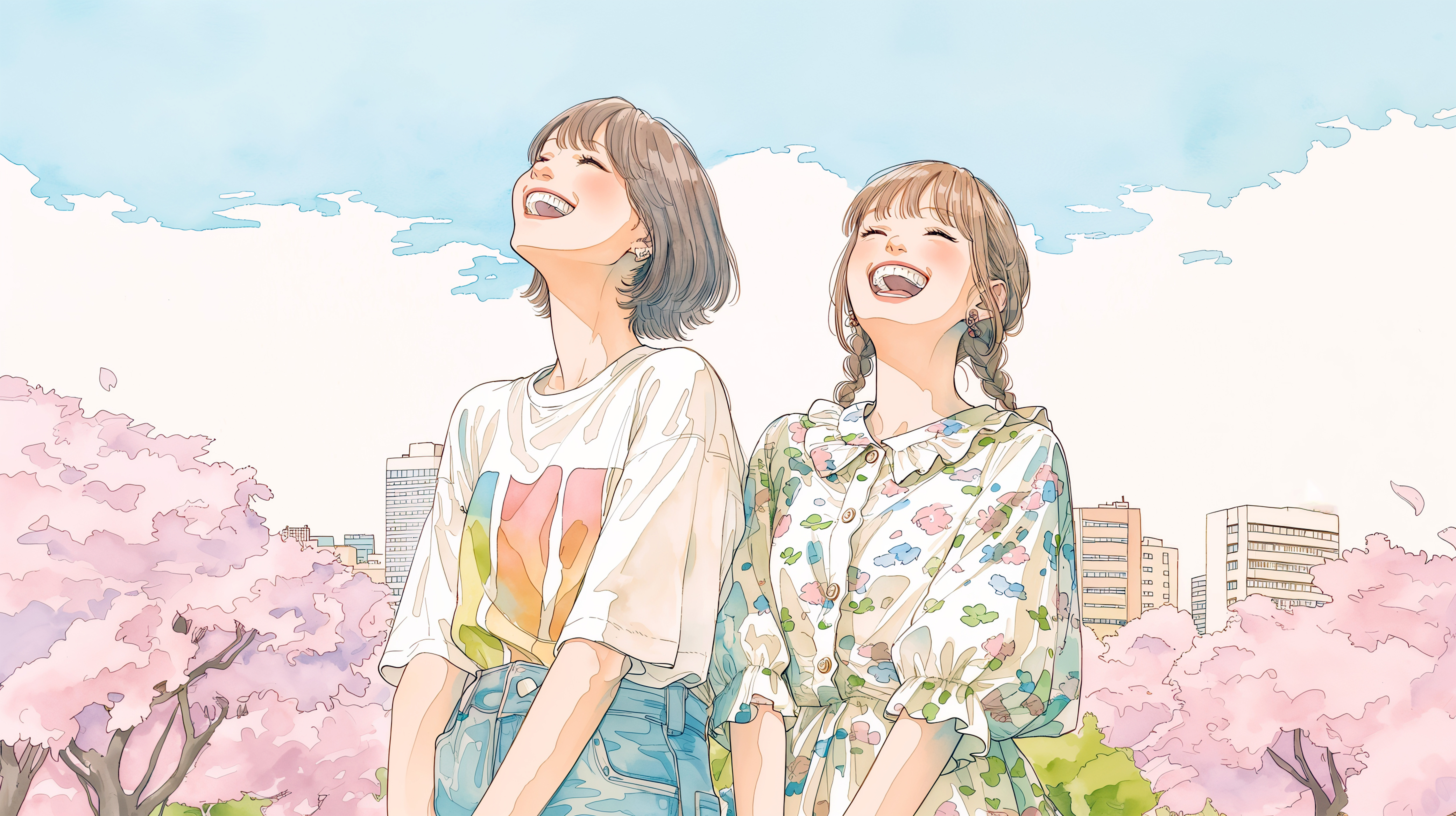 桜の咲く都会の街で笑い合う女の子二人のイラスト no.6