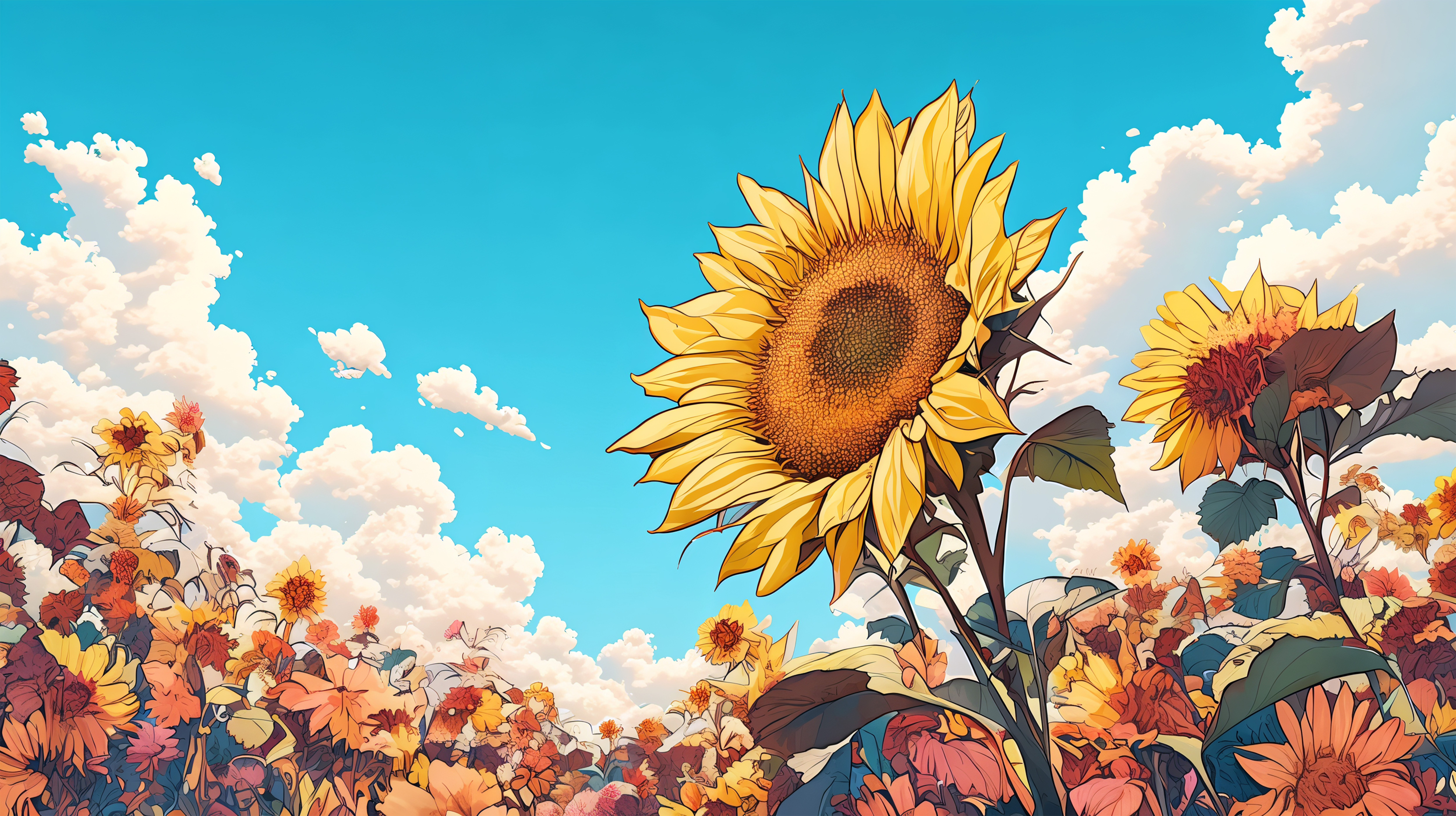 青い夏の空とたくさんの向日葵が咲く風景イラスト no.1