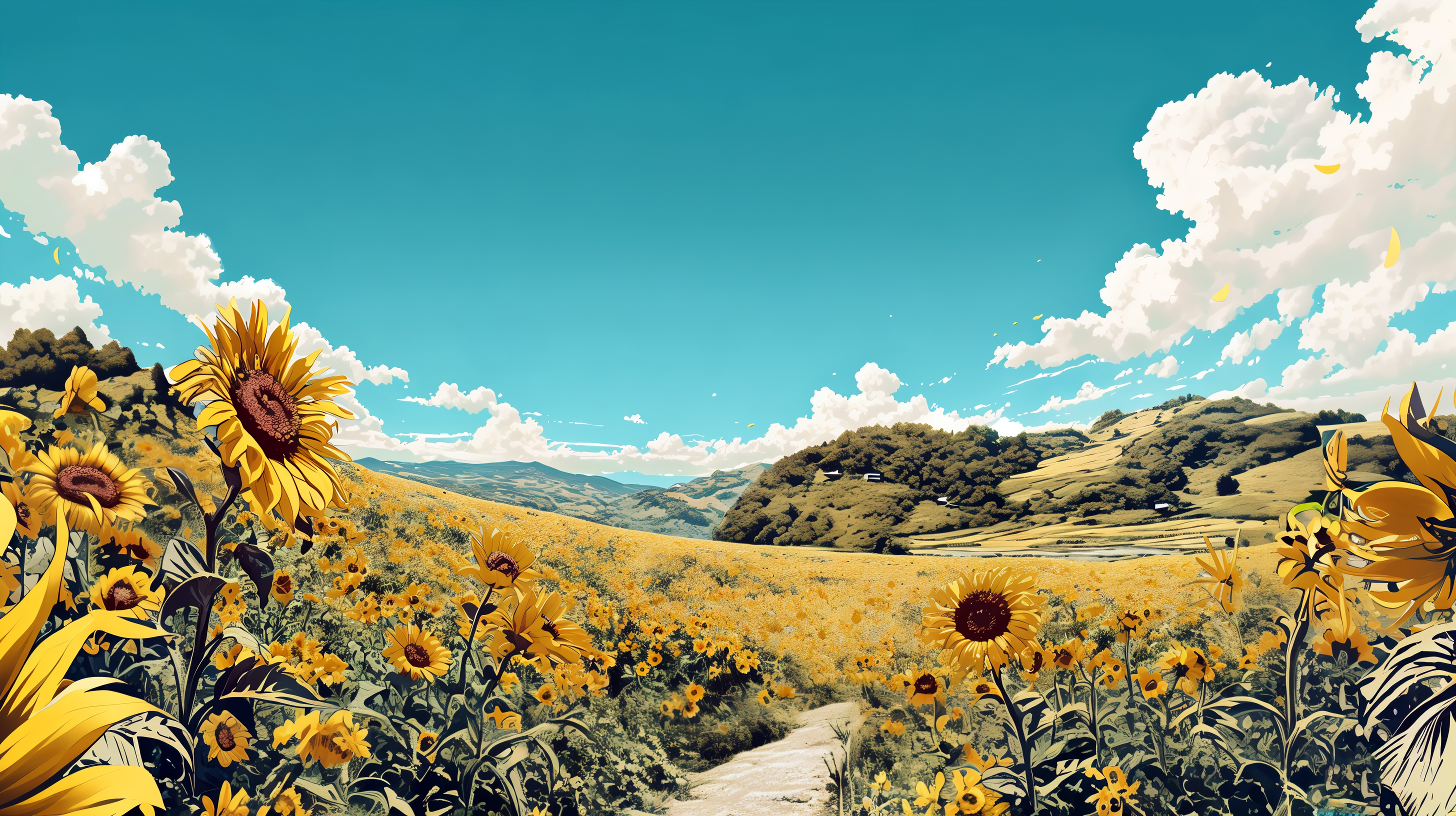 青い夏の空とたくさんの向日葵が咲く風景イラスト no.2