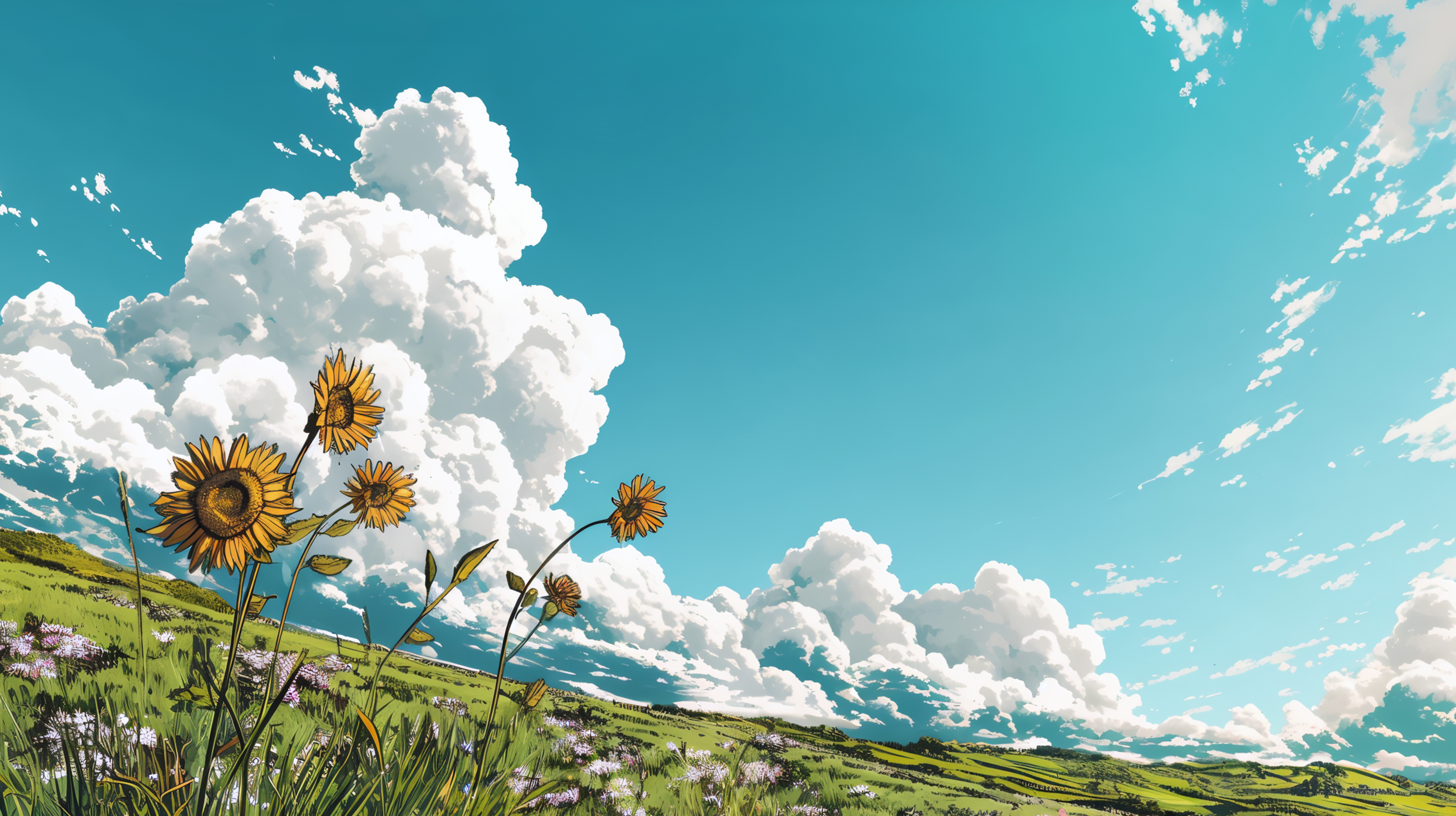 青い夏の空とたくさんの向日葵が咲く風景イラスト no.3