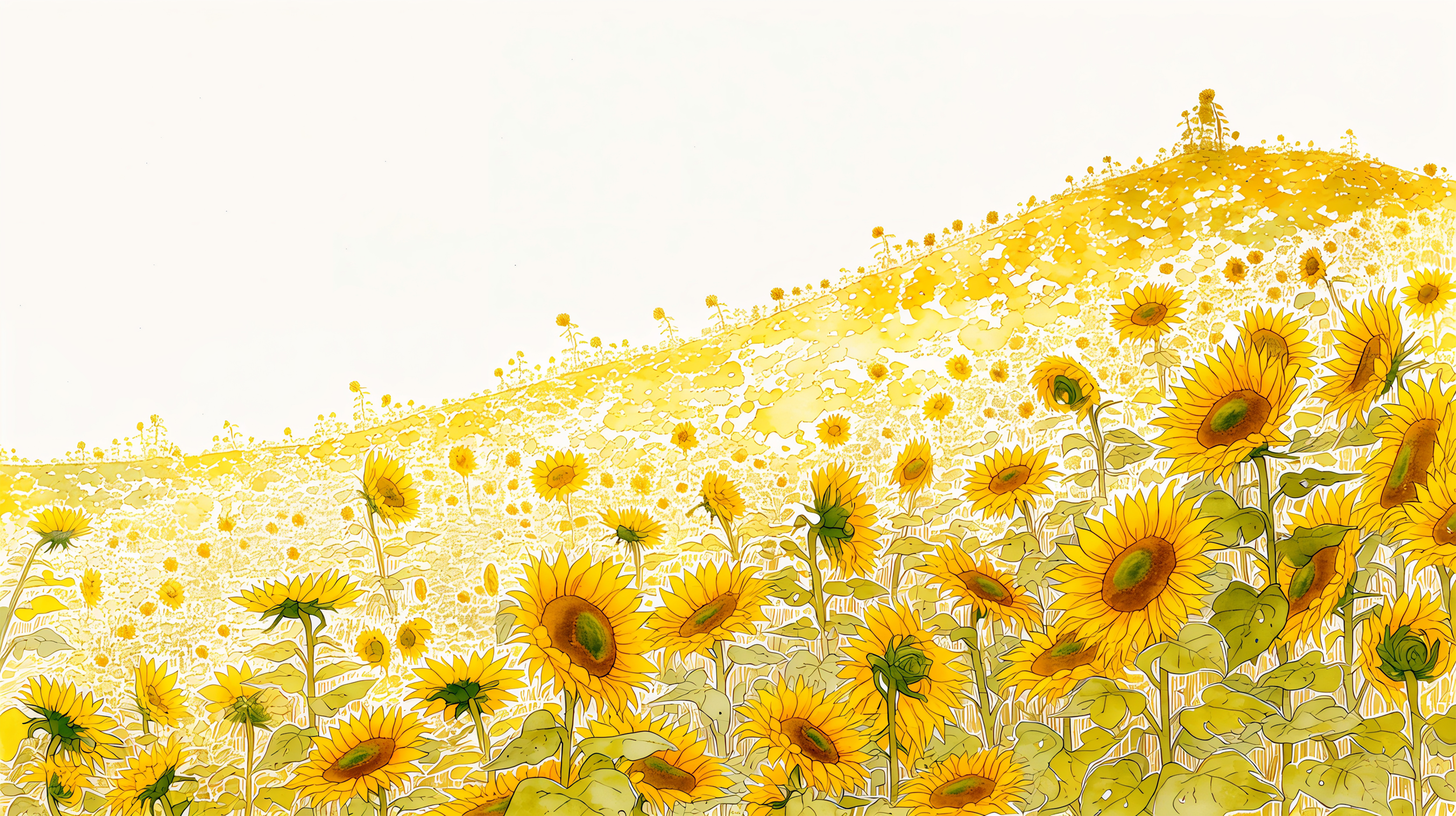 青い夏の空とたくさんの向日葵が咲く風景イラスト no.4