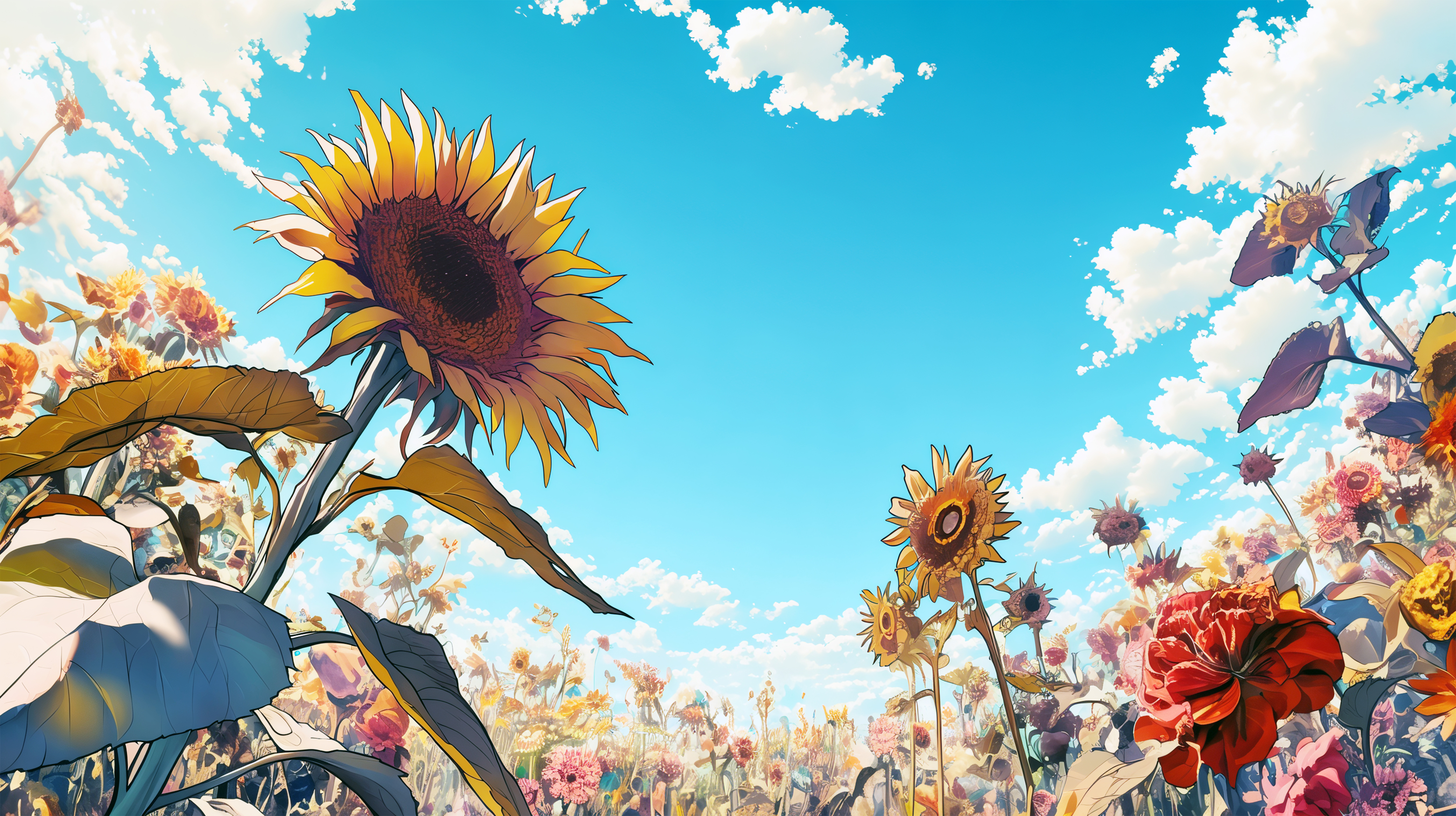 青い夏の空とたくさんの向日葵が咲く風景イラスト no.6