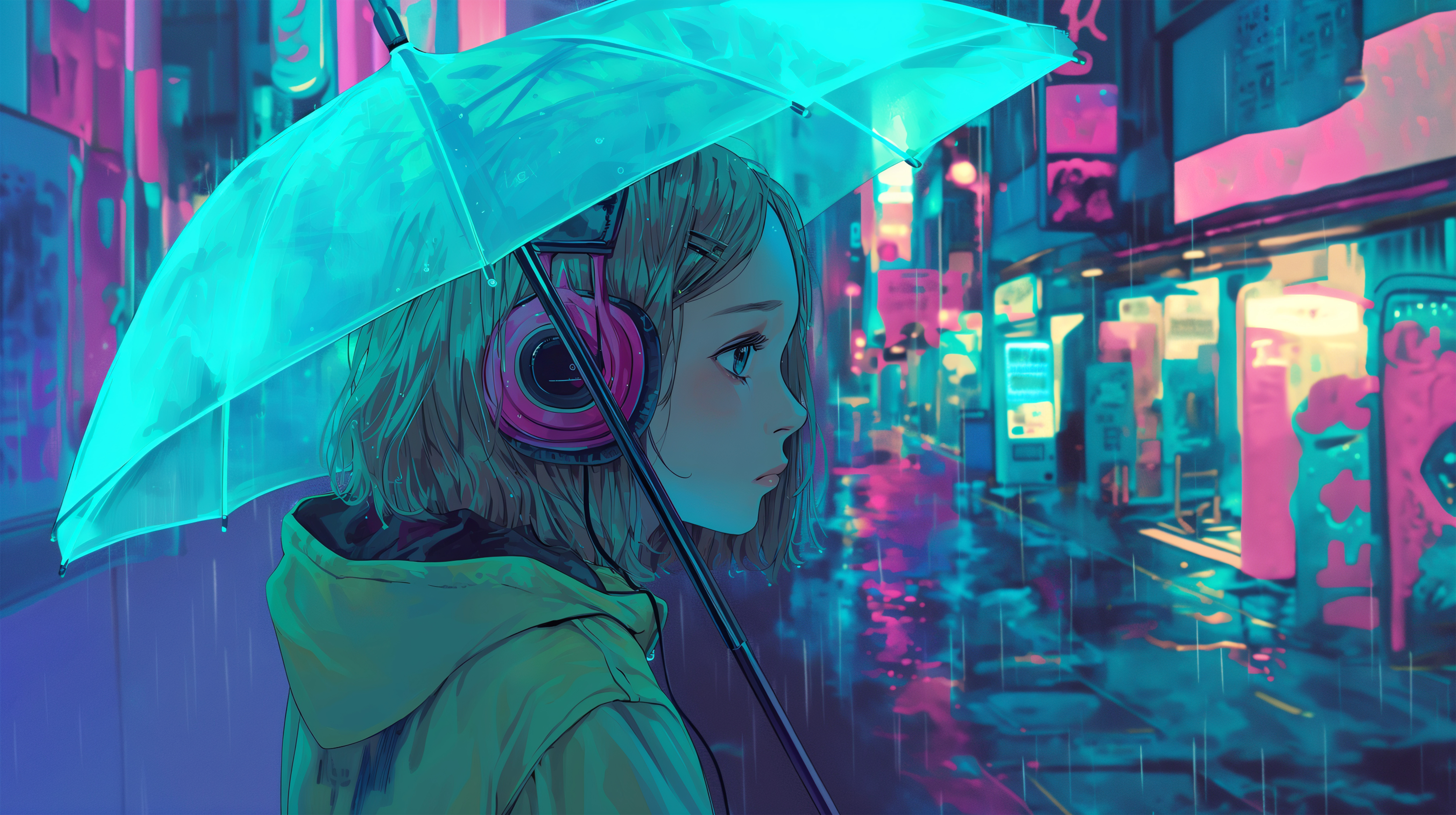 雨の降る都会の街を傘をさして歩く女の子 no.3