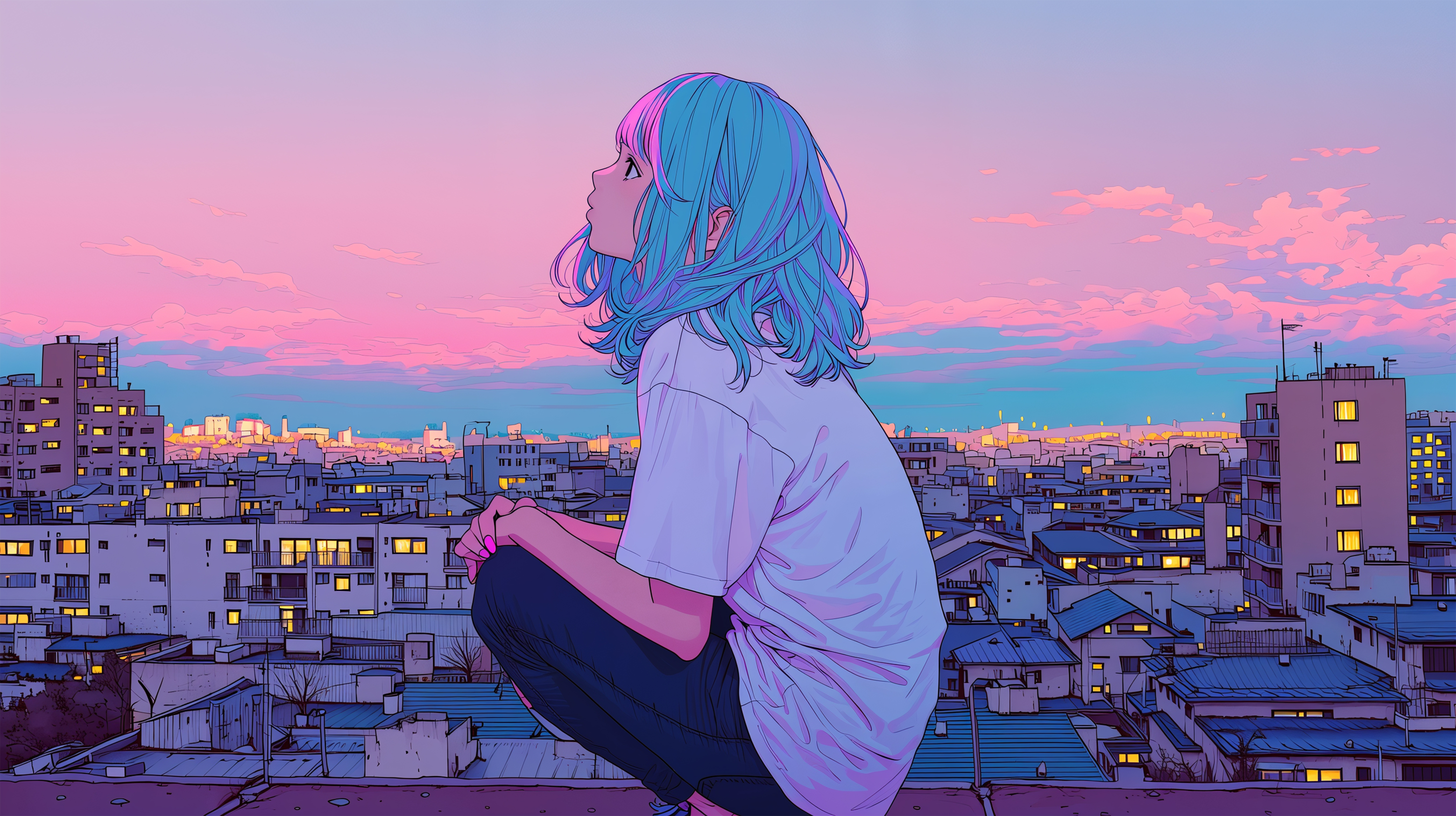 屋上から街の夜景と夕空を眺める女の子のエモいイラスト no.1