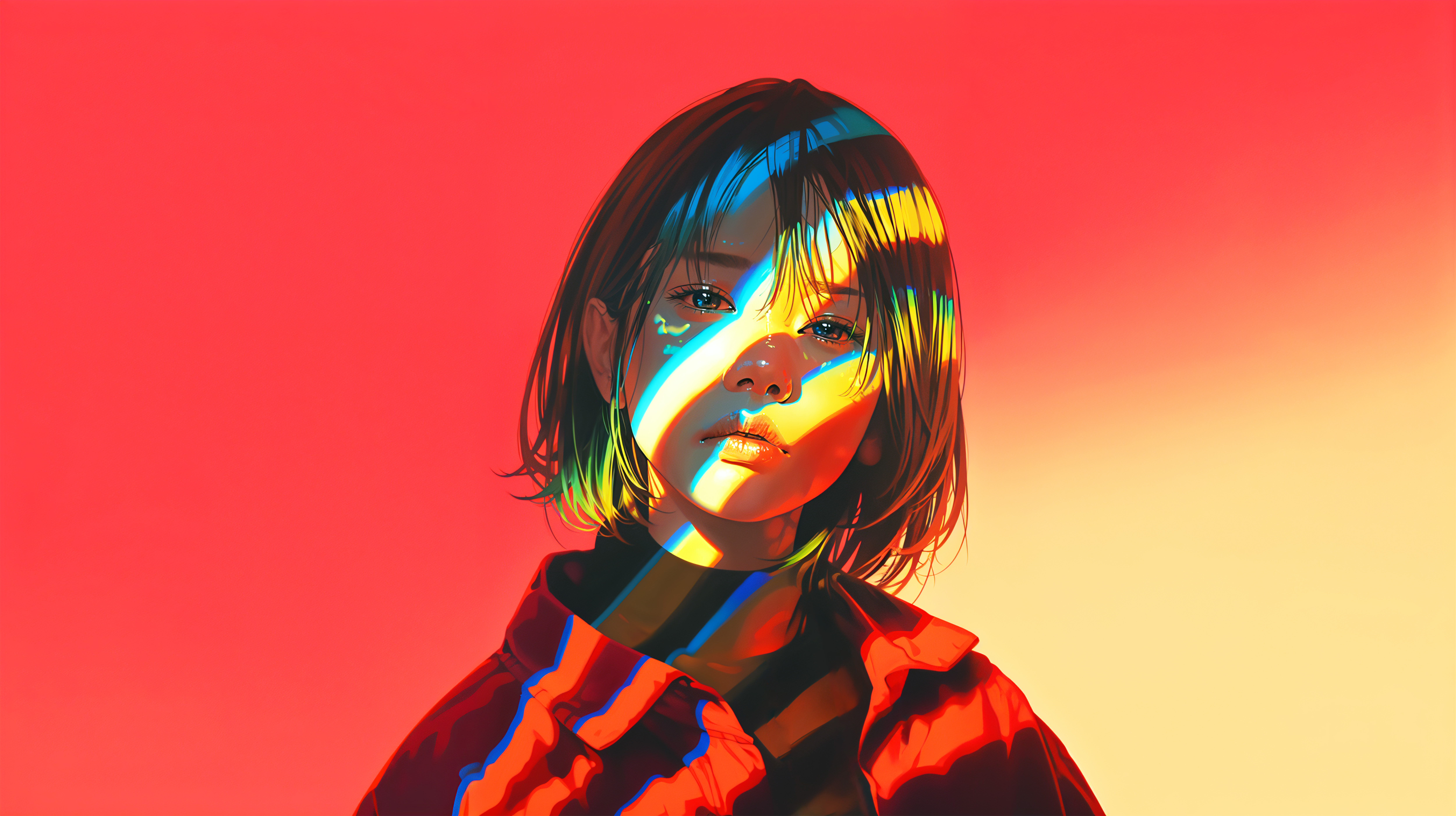 光のアートの中に立つ若い女性のポートレートイラスト no.1