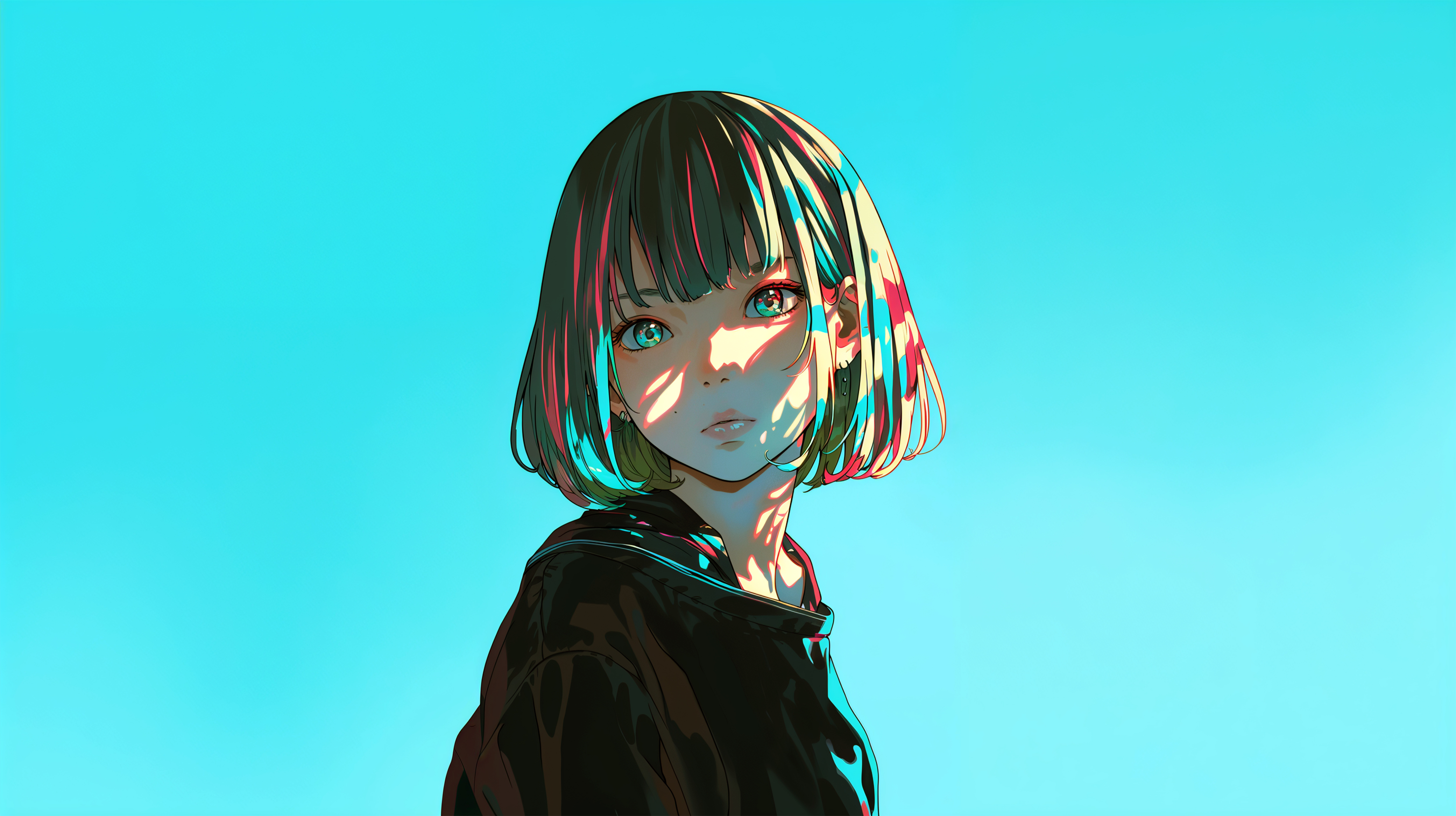 光のアートの中に立つ若い女性のポートレートイラスト no.3