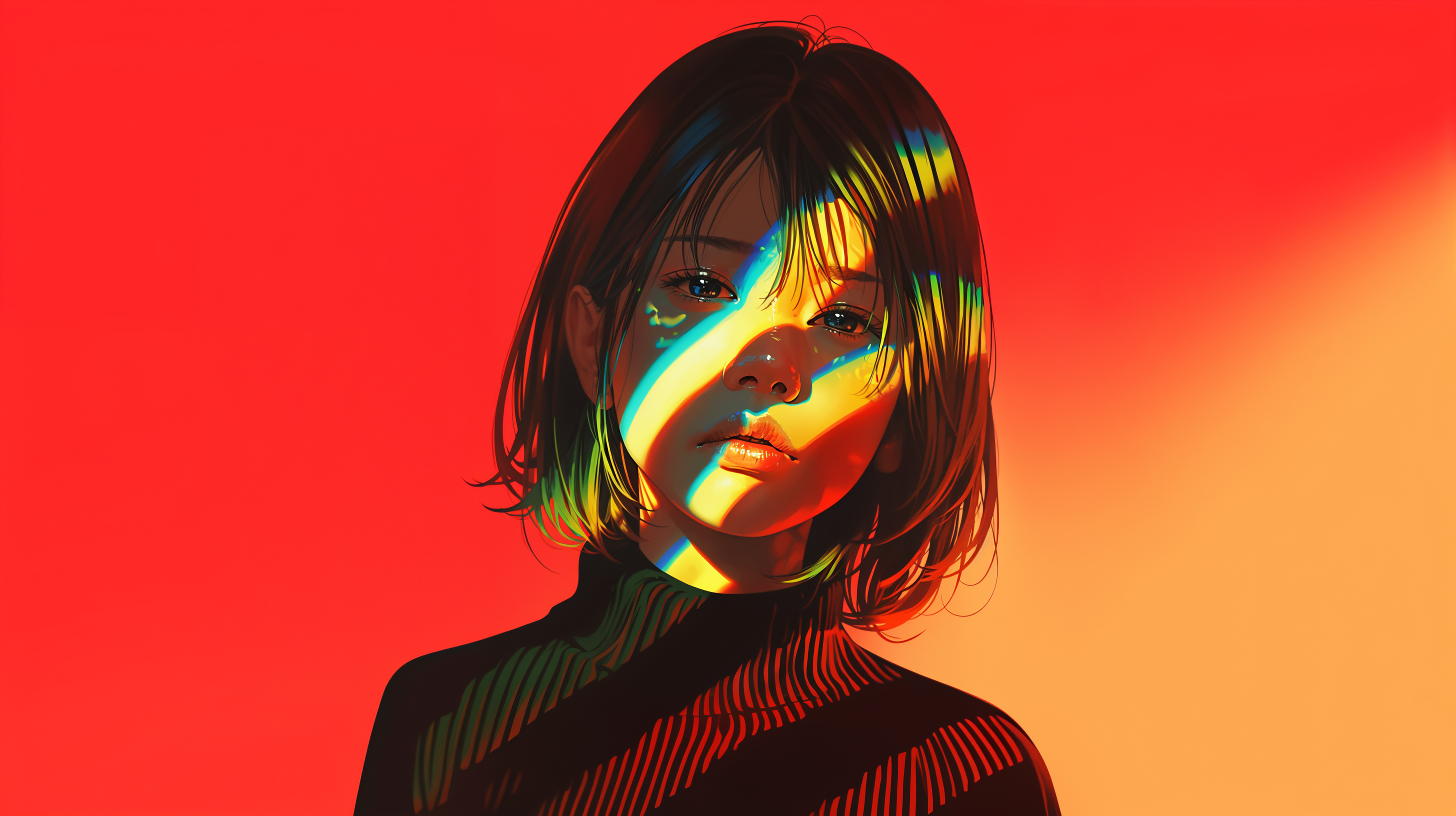 光のアートの中に立つ若い女性のポートレートイラスト no.6