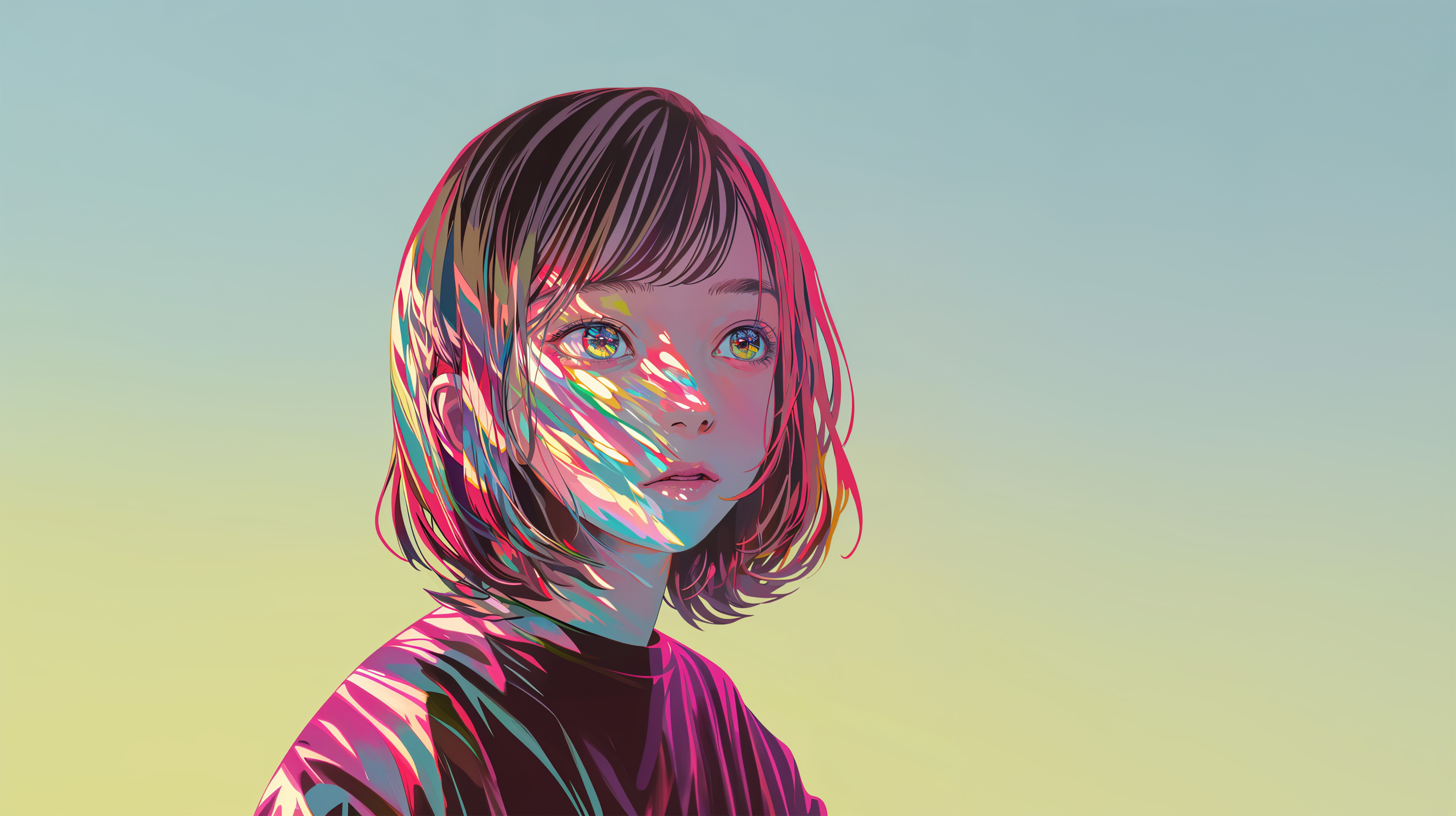 光のアートの中に立つ若い女性のポートレートイラスト no.7