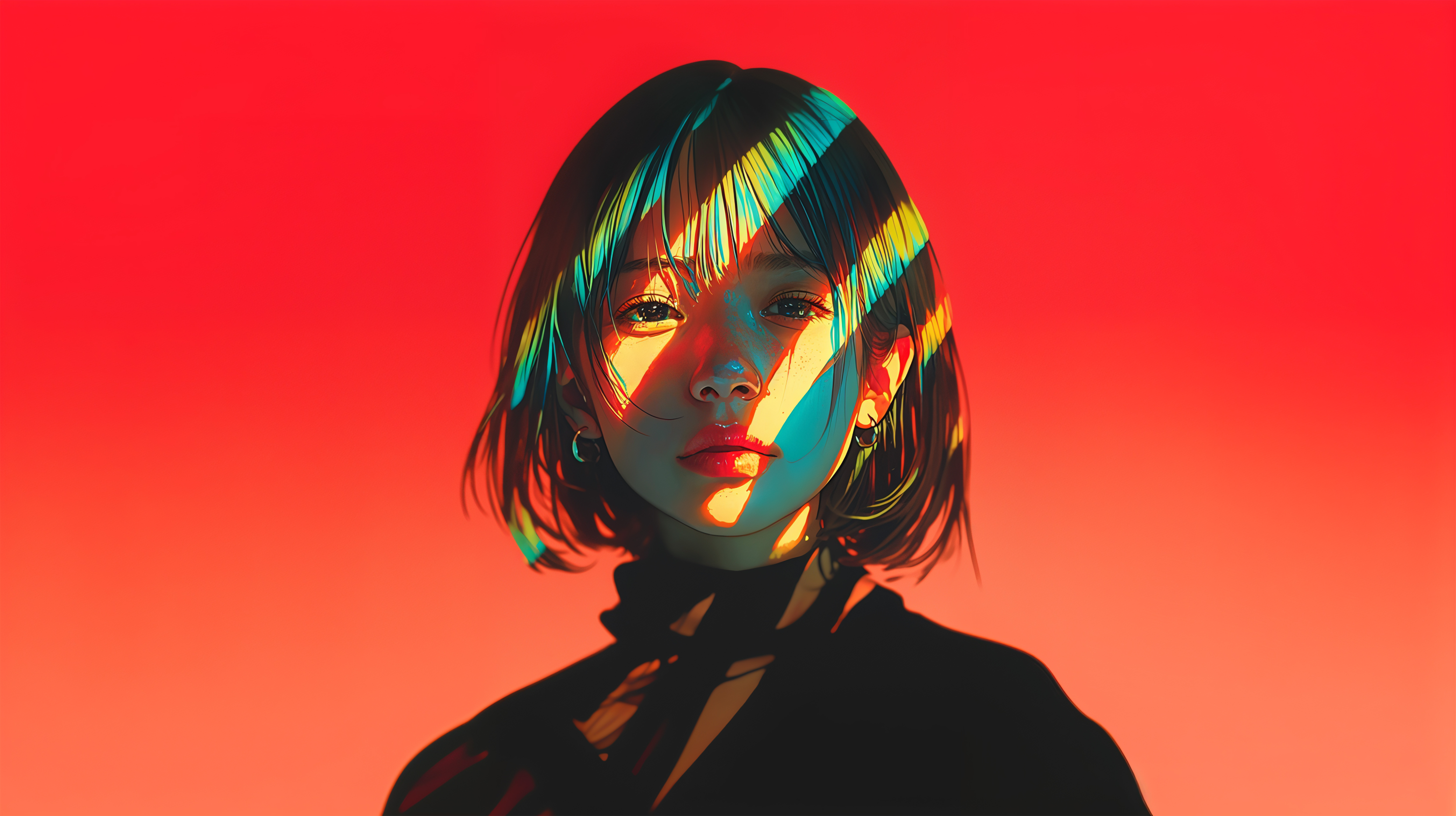 光のアートの中に立つ若い女性のポートレートイラスト no.9
