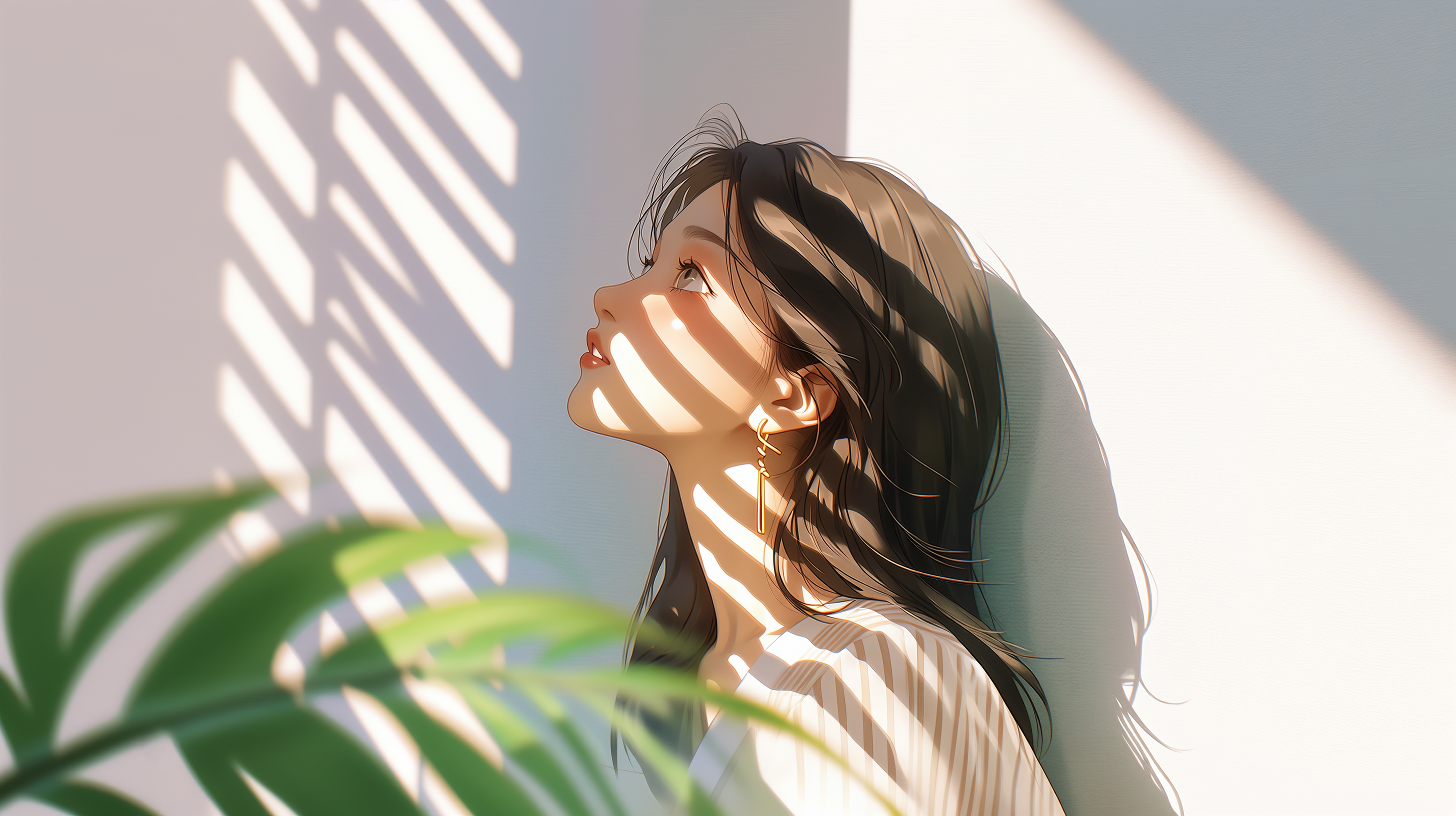 窓から差し込む光と影の下で上を見上げる女性の横顔 no.2