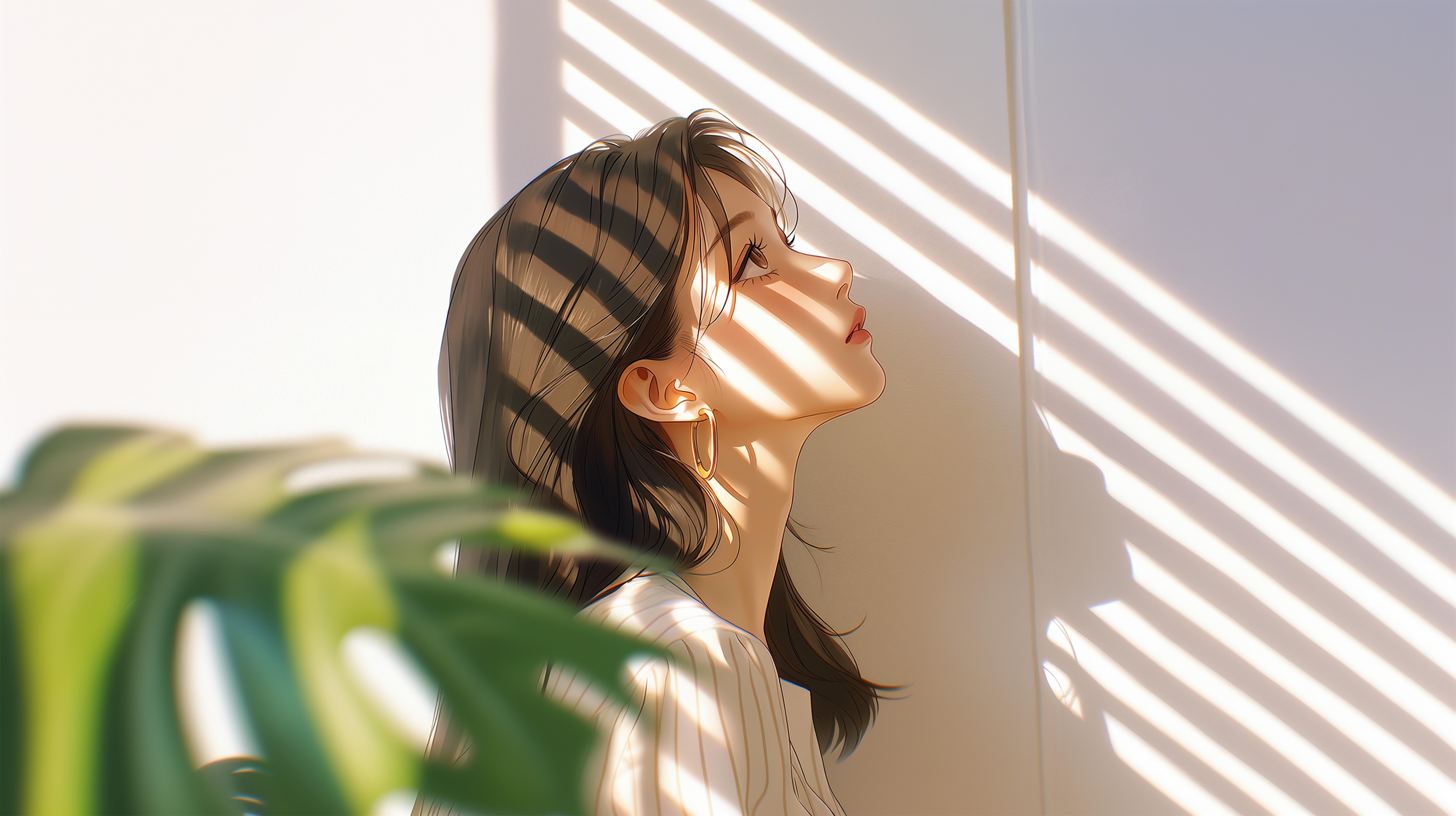 窓から差し込む光と影の下で上を見上げる女性の横顔 no.3