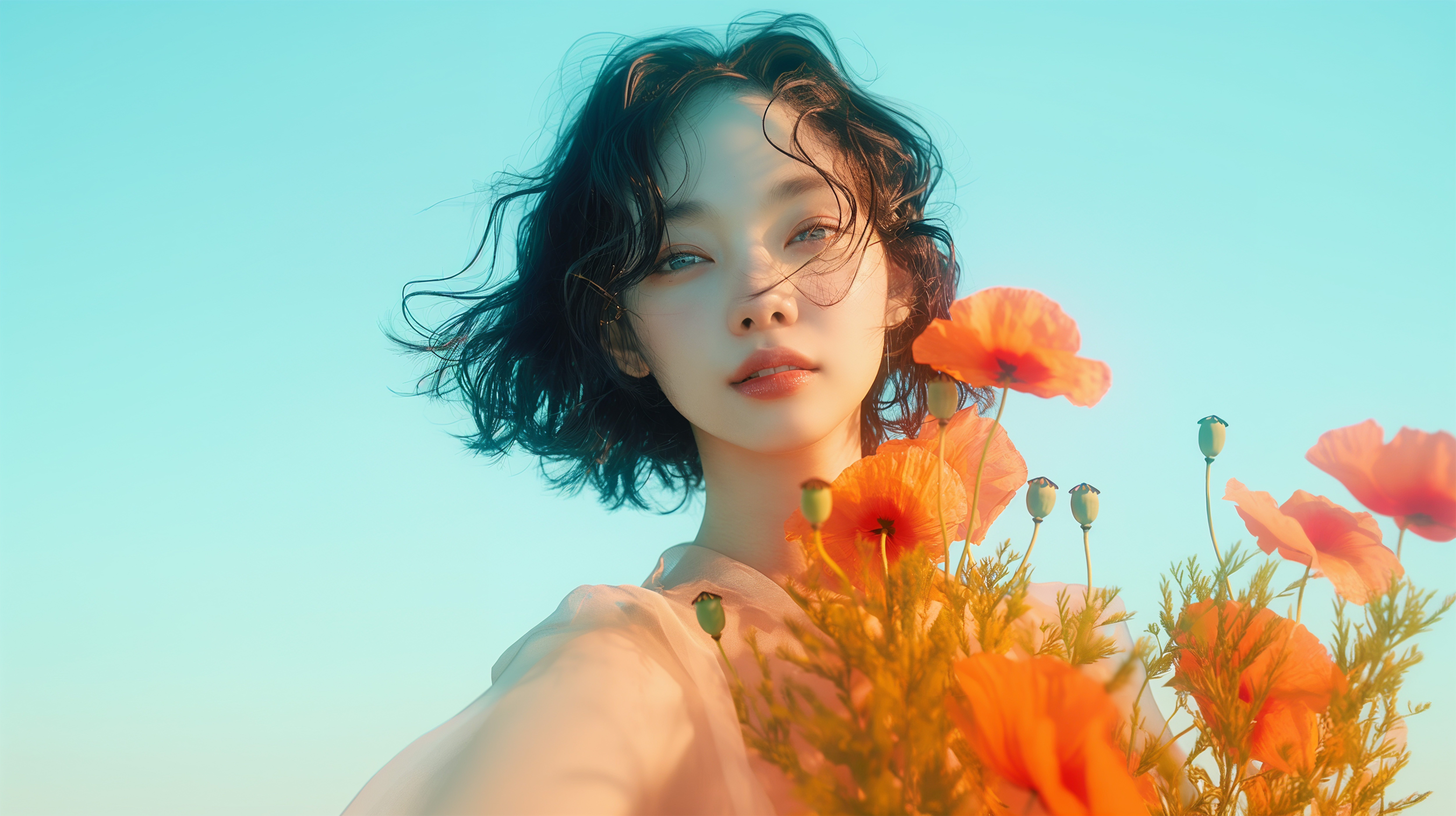 シアードレスを着てポピーの花を持つ美しい女性のポートレート写真風 no.1