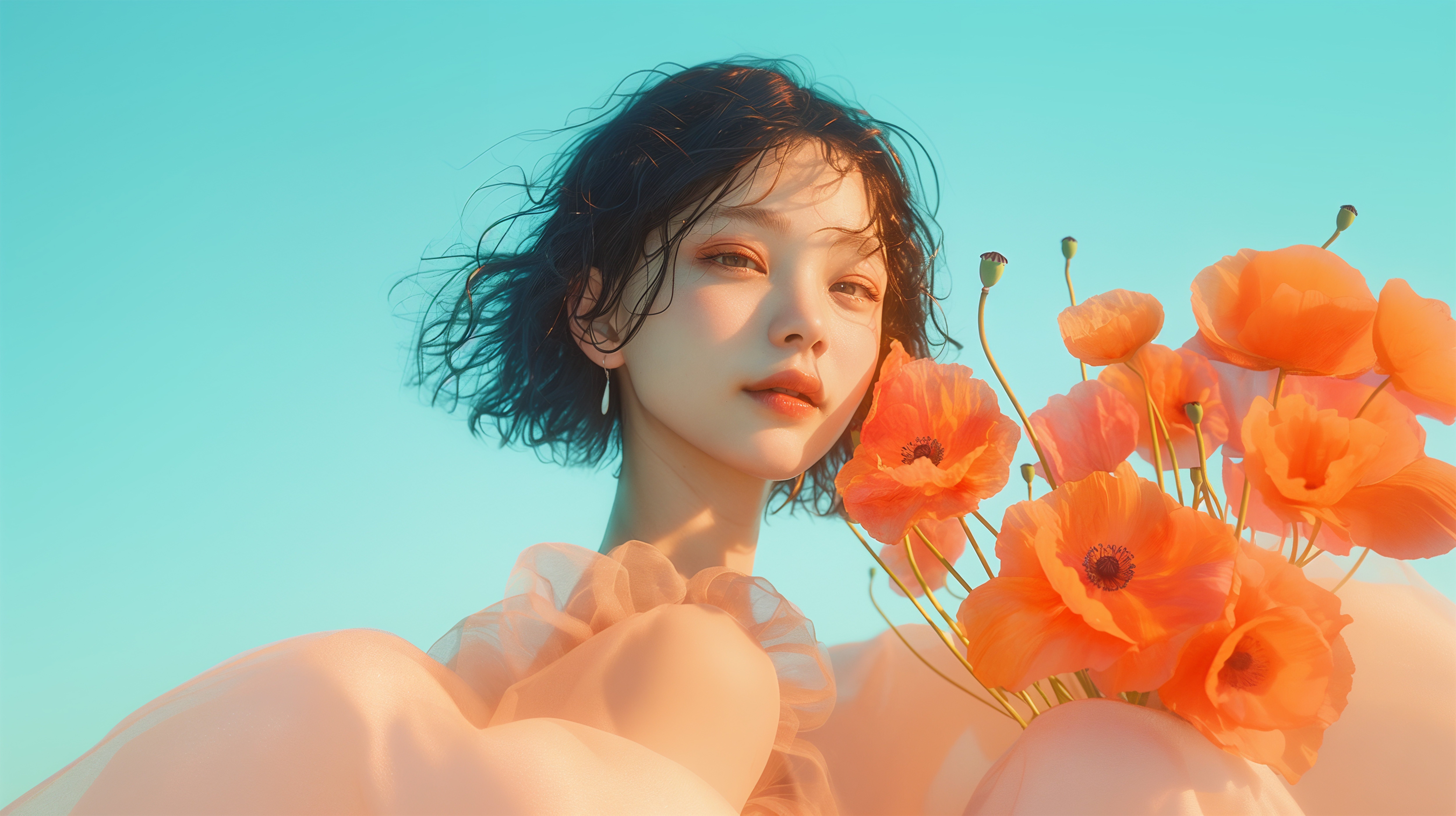 シアードレスを着てポピーの花を持つ美しい女性のポートレート写真風 no.2