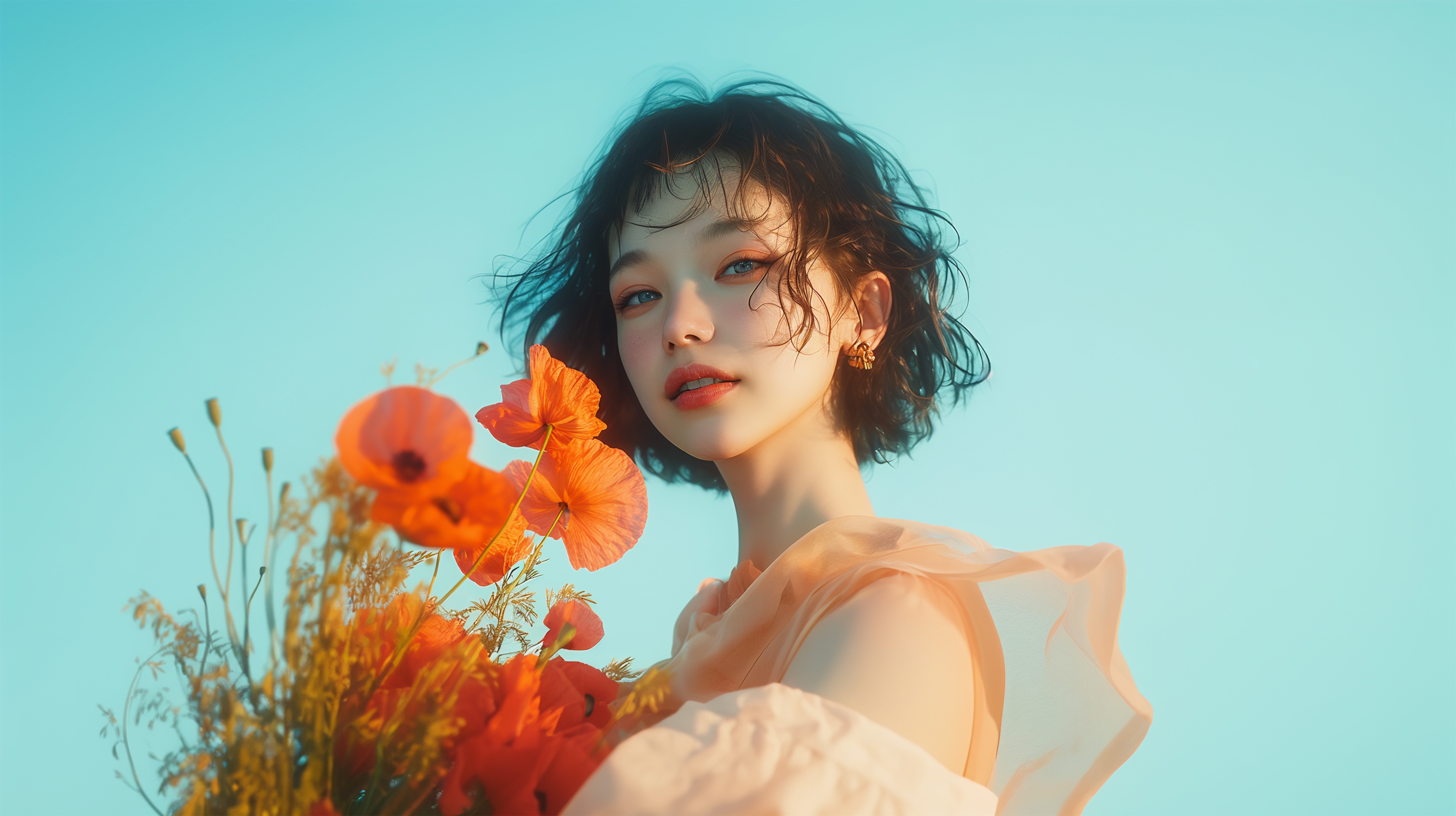 シアードレスを着てポピーの花を持つ美しい女性のポートレート写真風 no.3