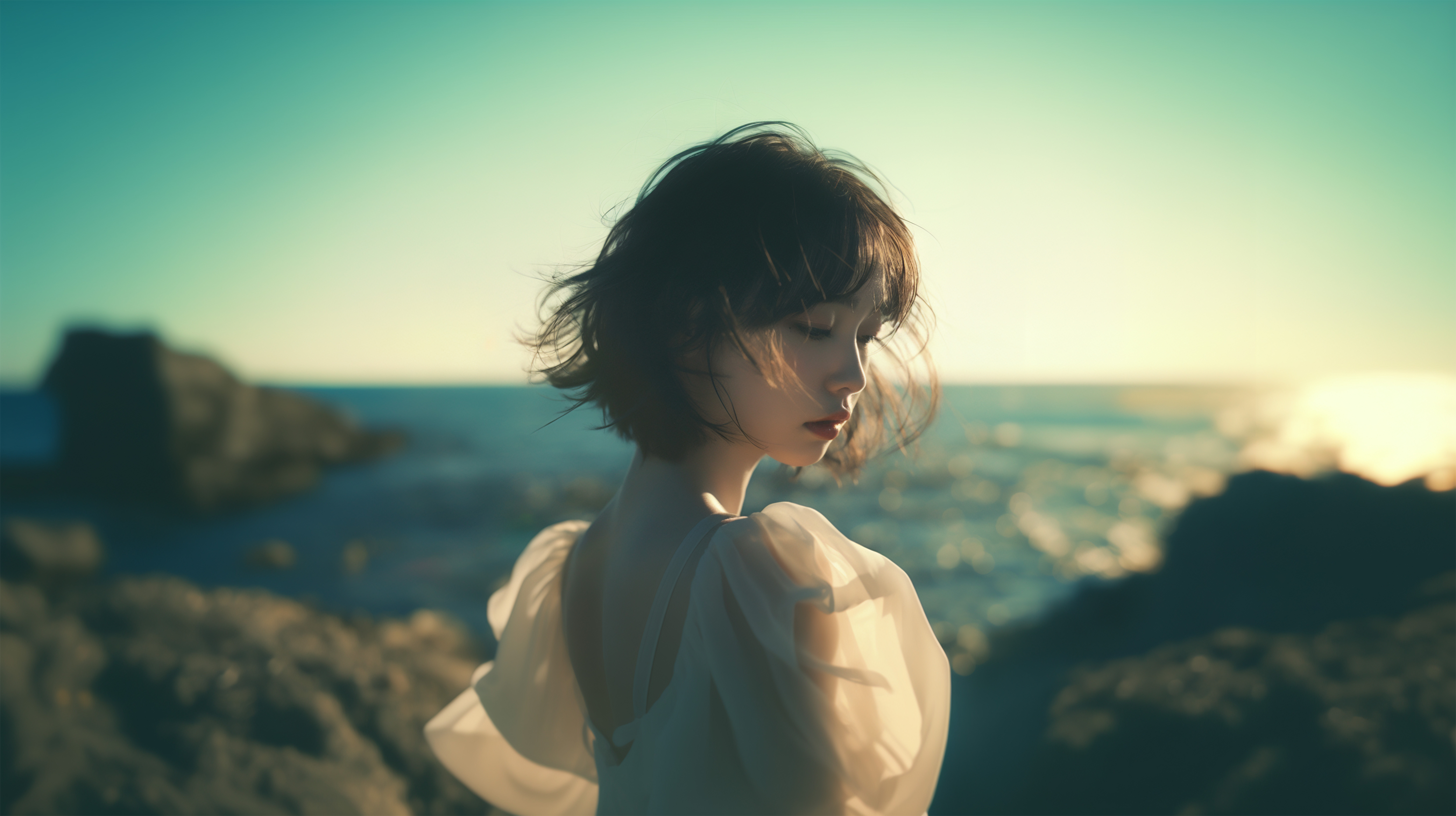 海辺に立つシアードレスを着た女性のポートレート写真風 no.2